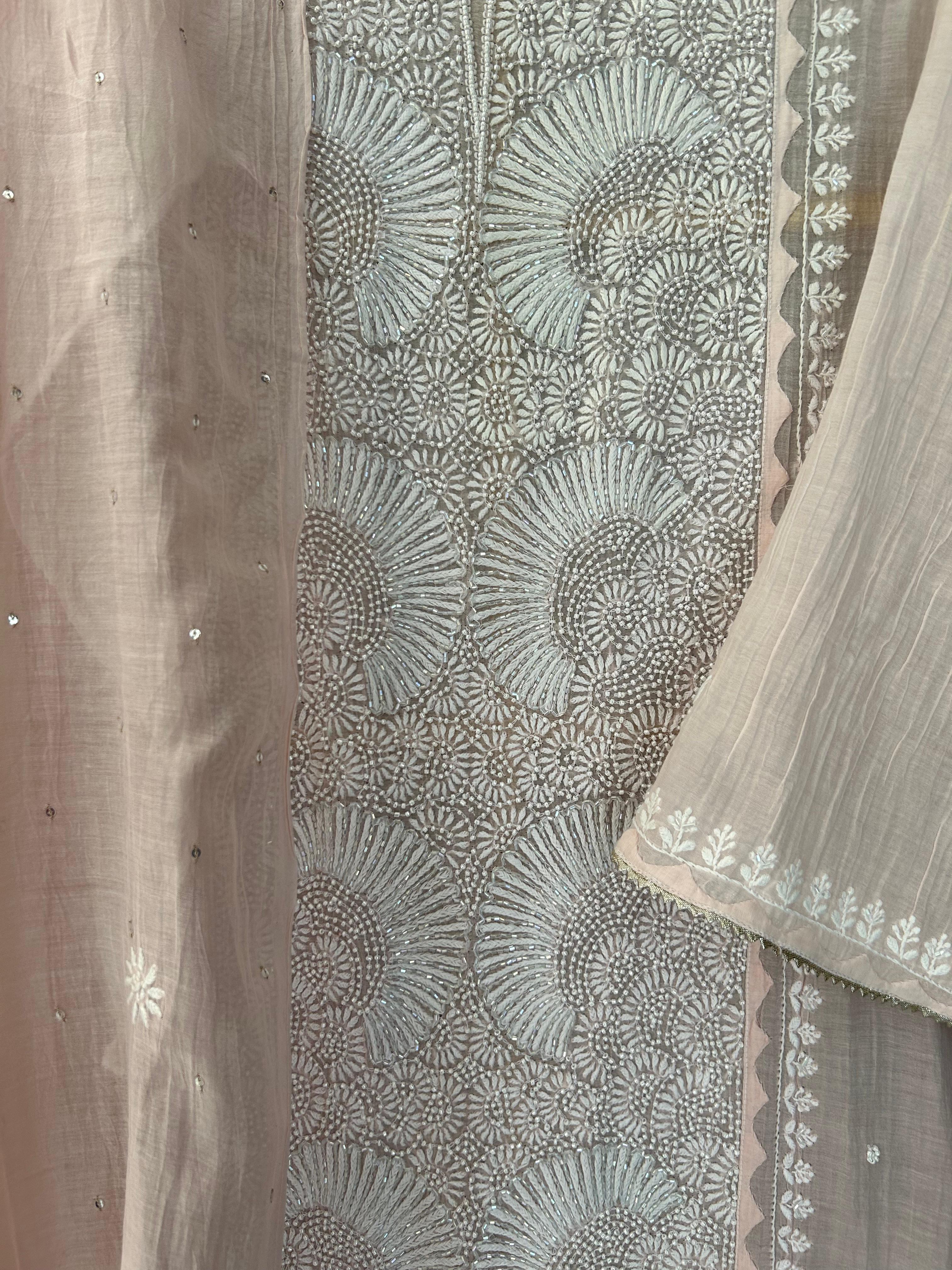 Pink mul chanderi chikankari kurta set