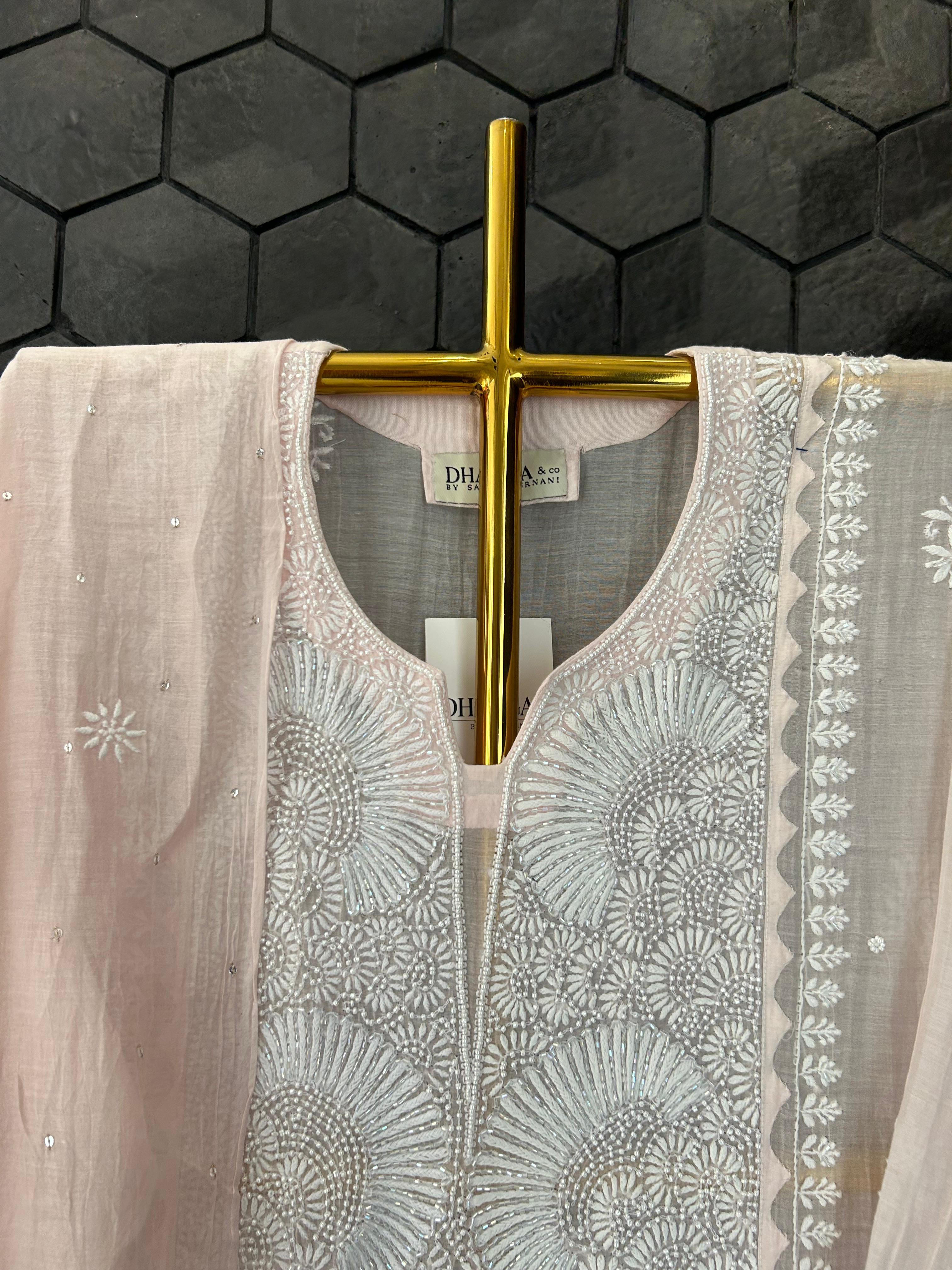 Pink mul chanderi chikankari kurta set