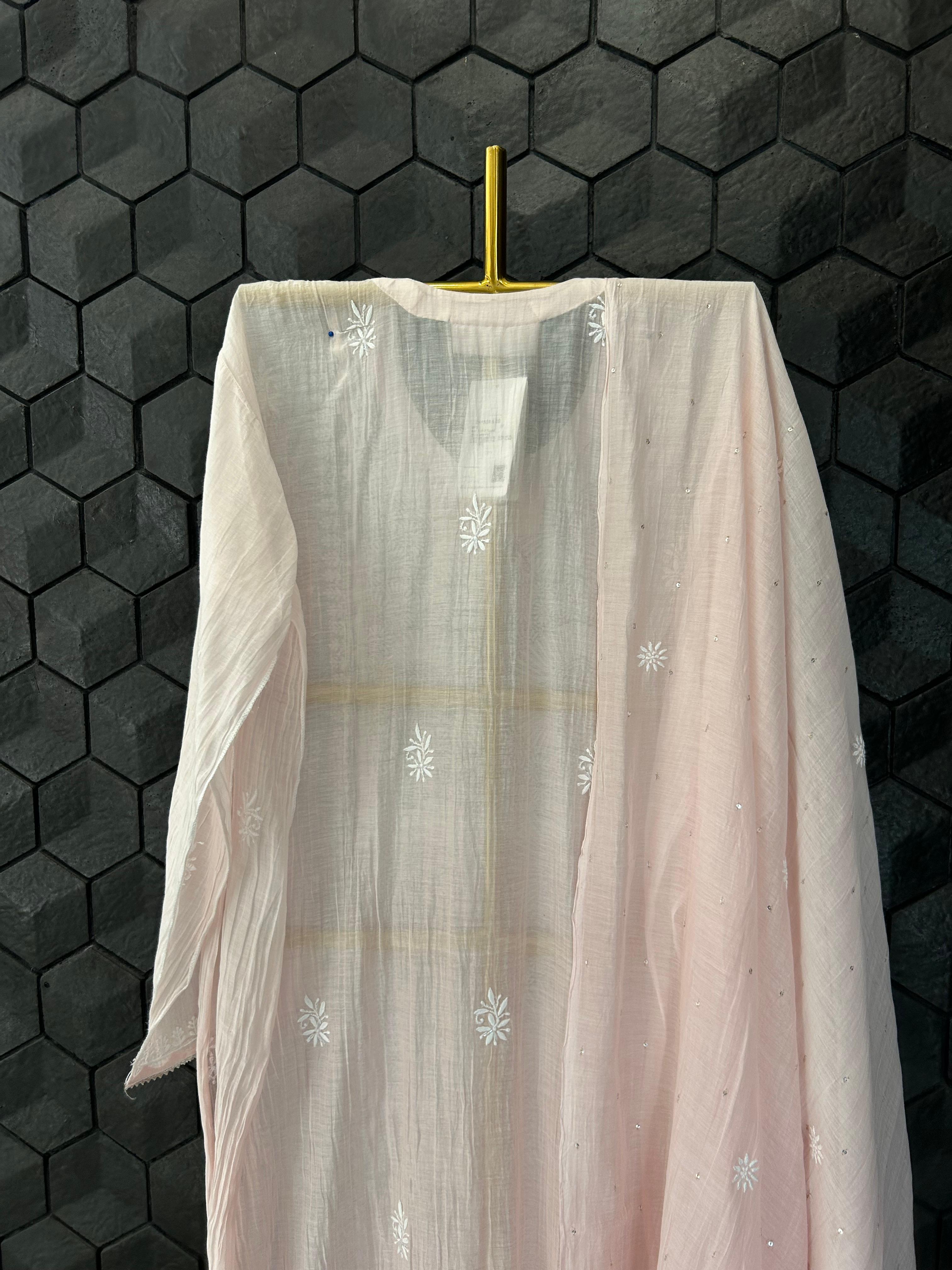 Pink mul chanderi chikankari kurta set
