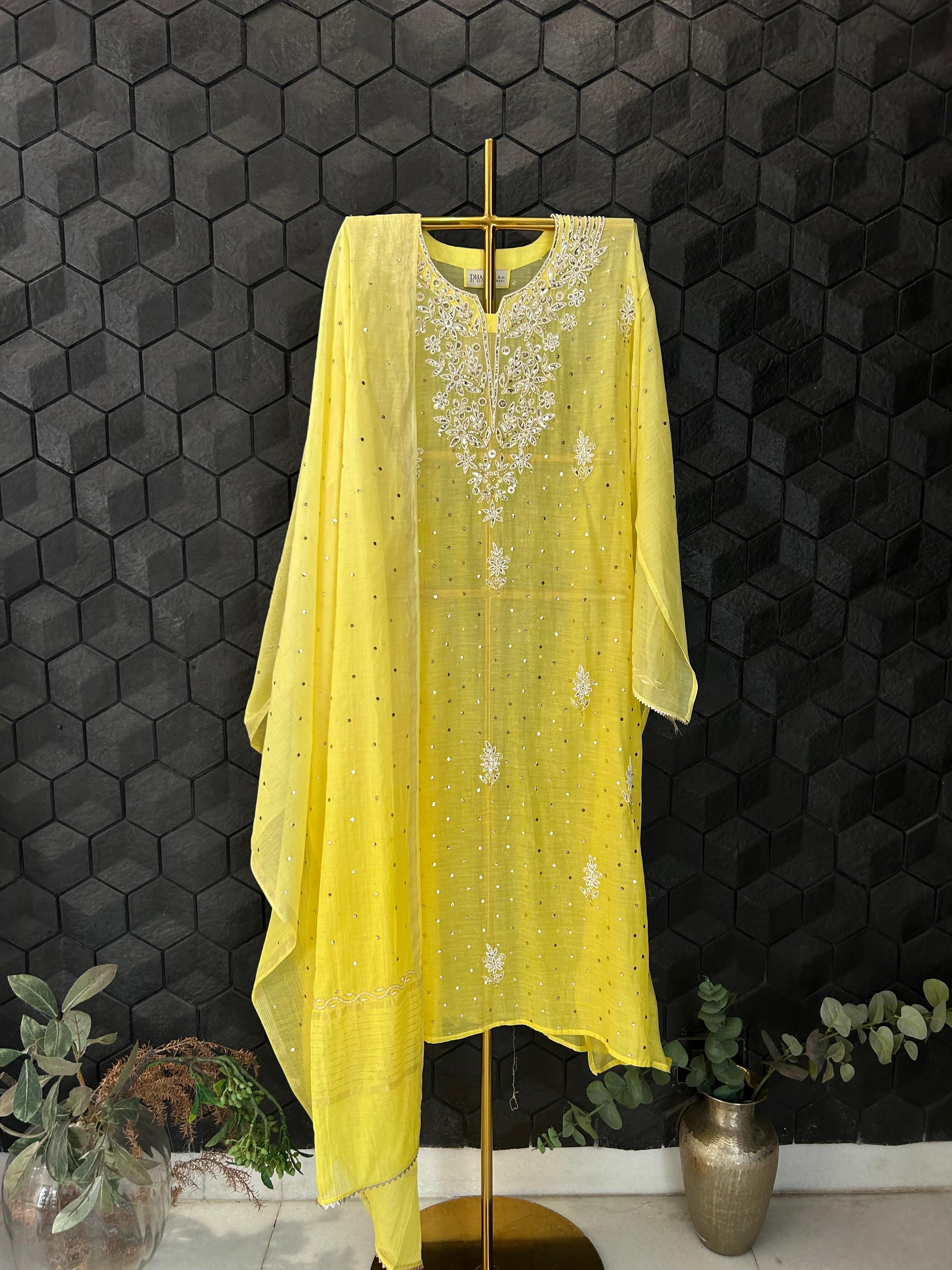 Yellow mul chanderi mukaish kurta set
