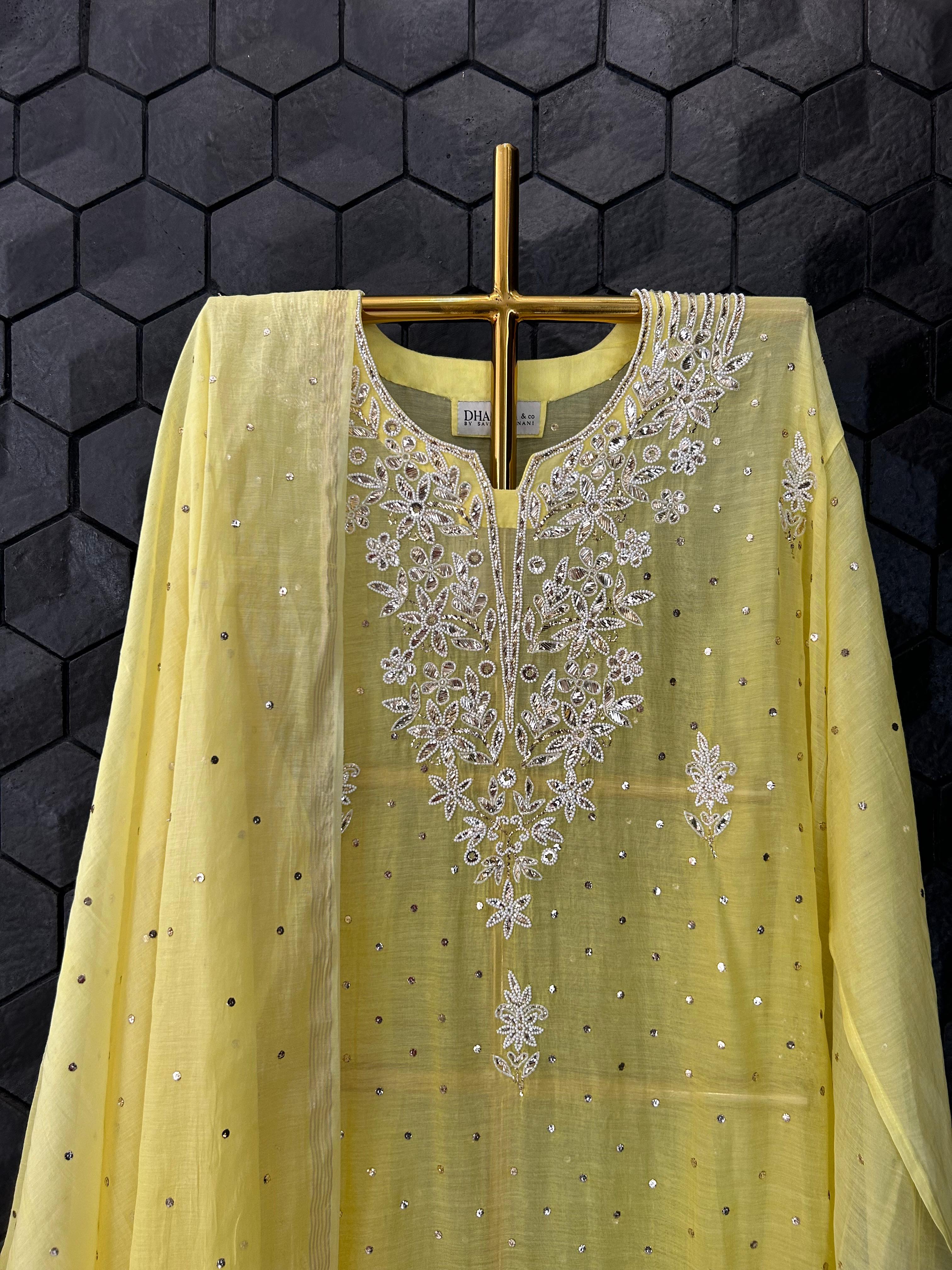 Yellow mul chanderi mukaish kurta set
