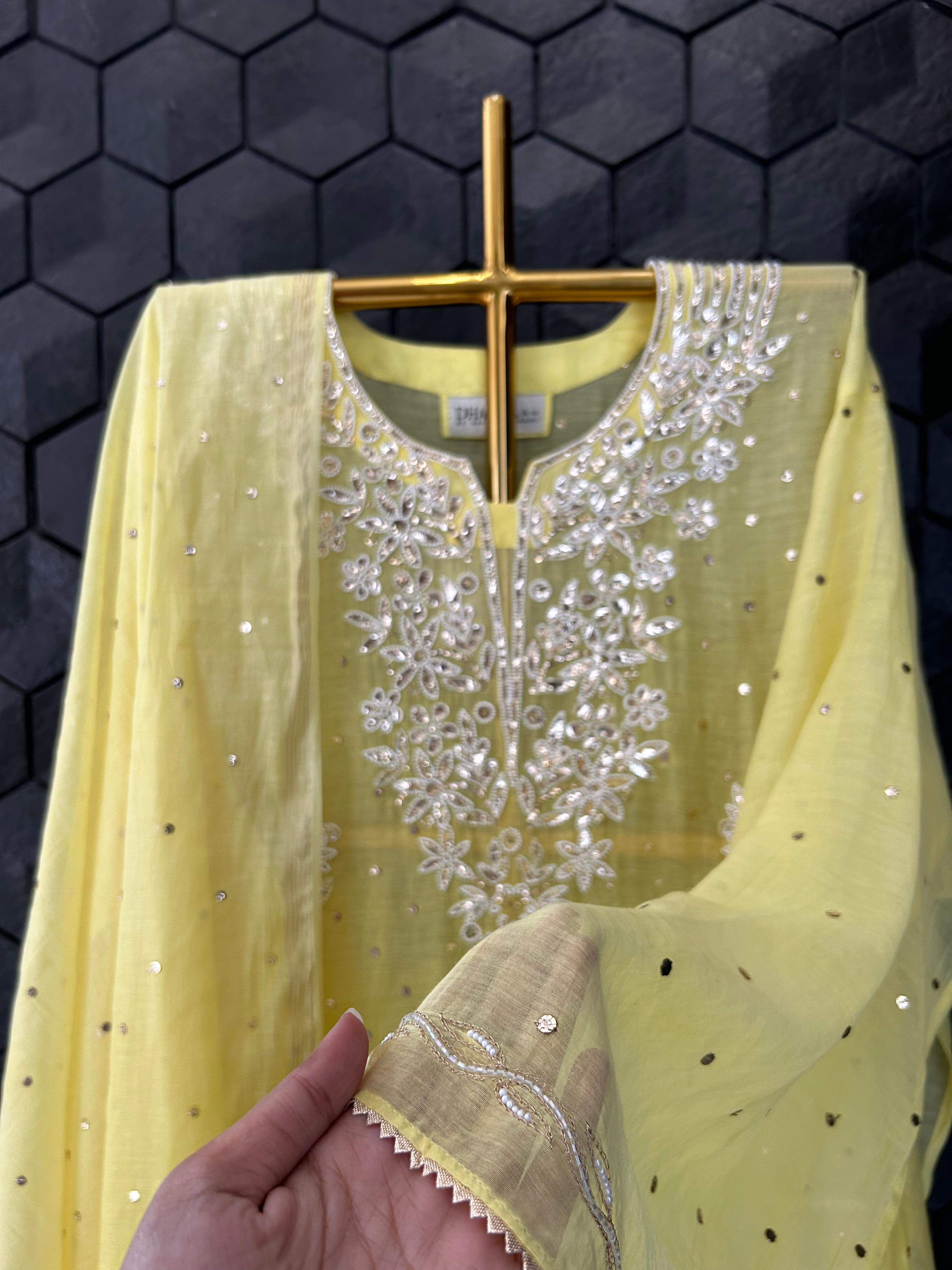 Yellow mul chanderi mukaish kurta set