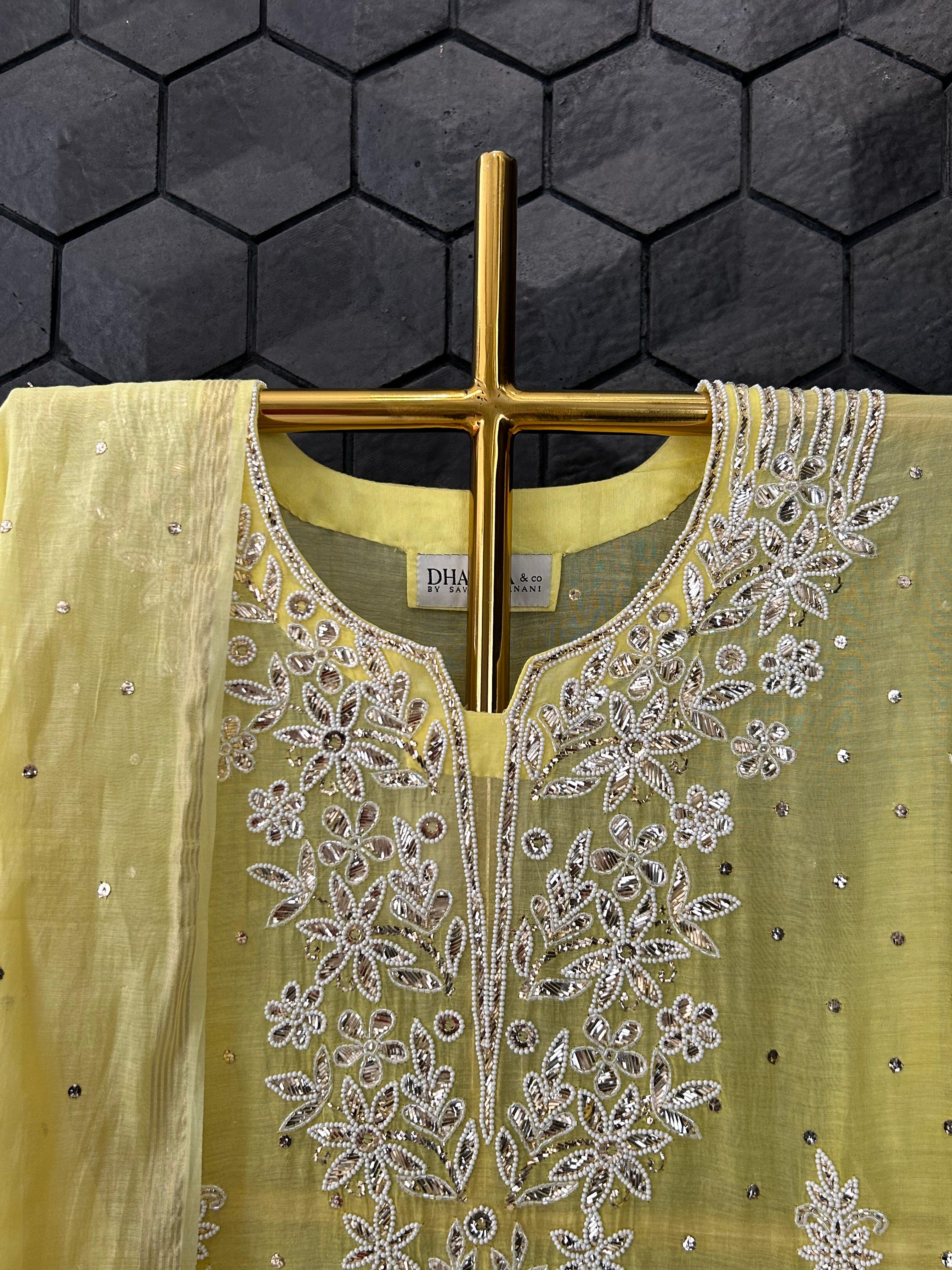 Yellow mul chanderi mukaish kurta set