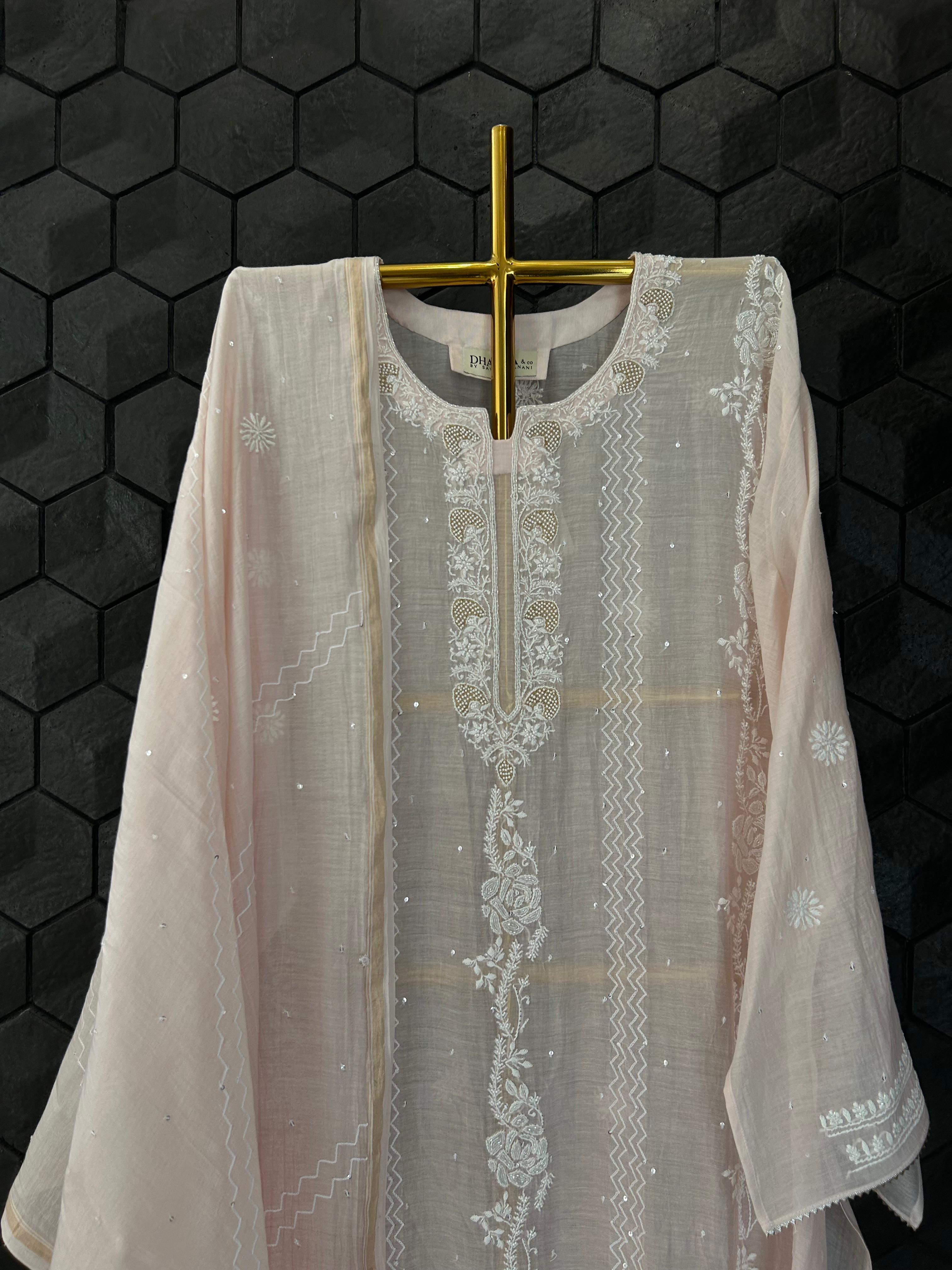 Pink mul chanderi chikanakri kurta set