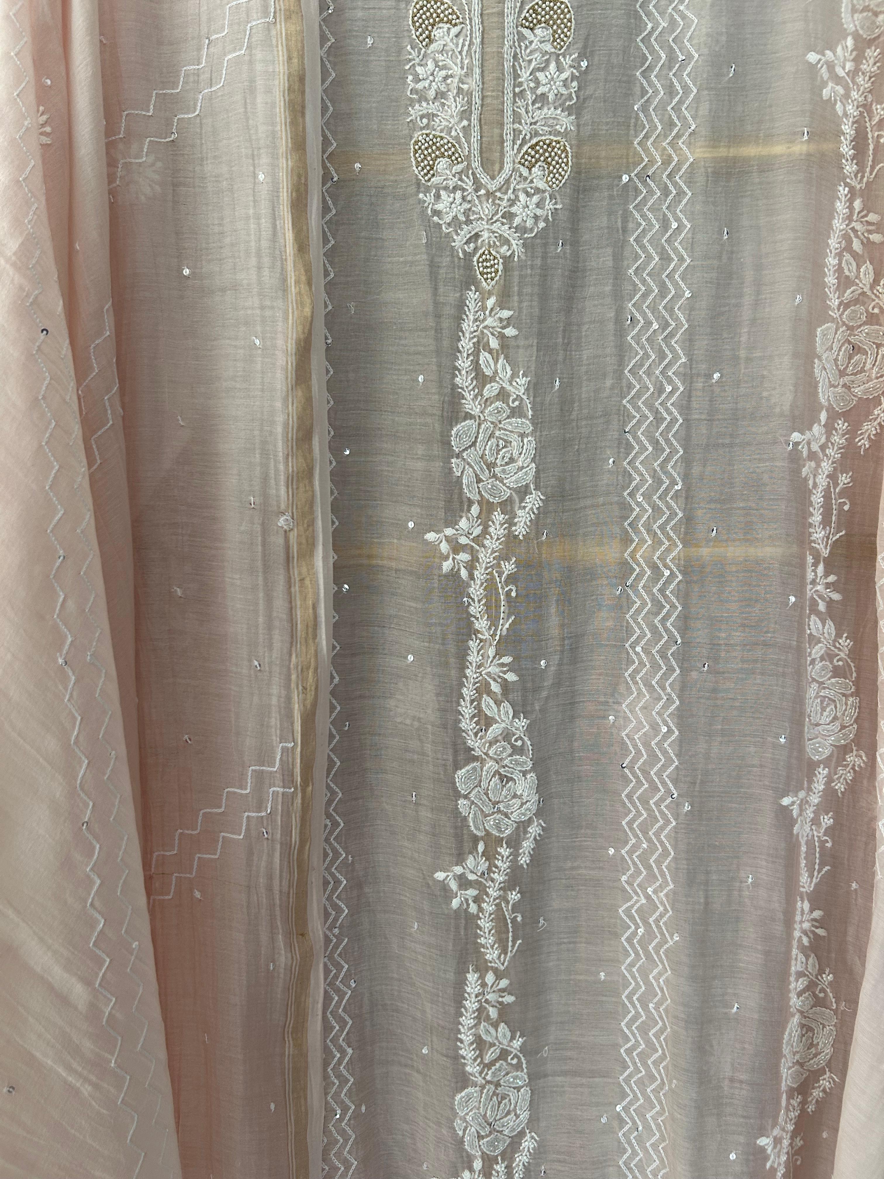 Pink mul chanderi chikanakri kurta set