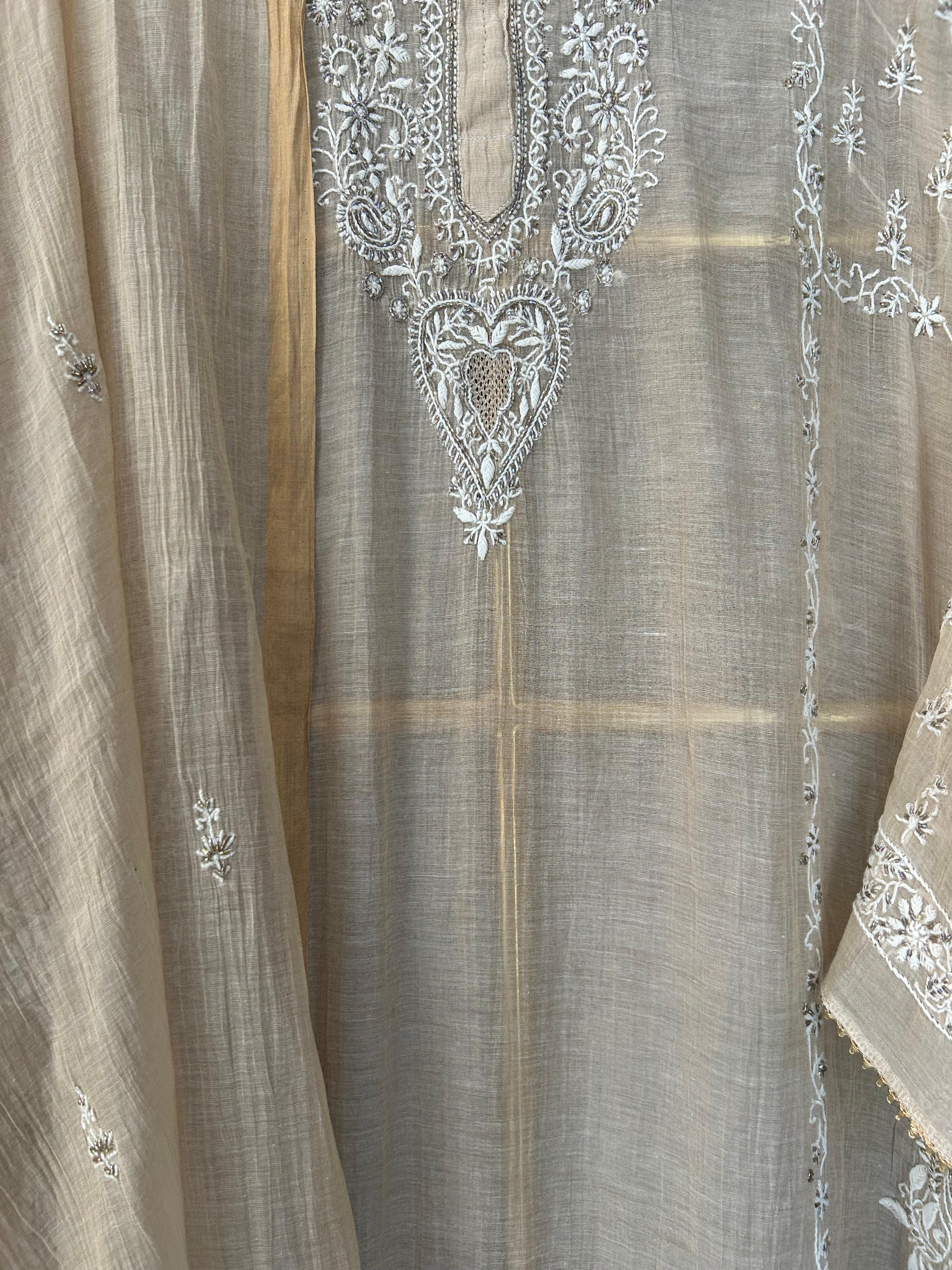 Beige golden tissue chikanakri kurta set