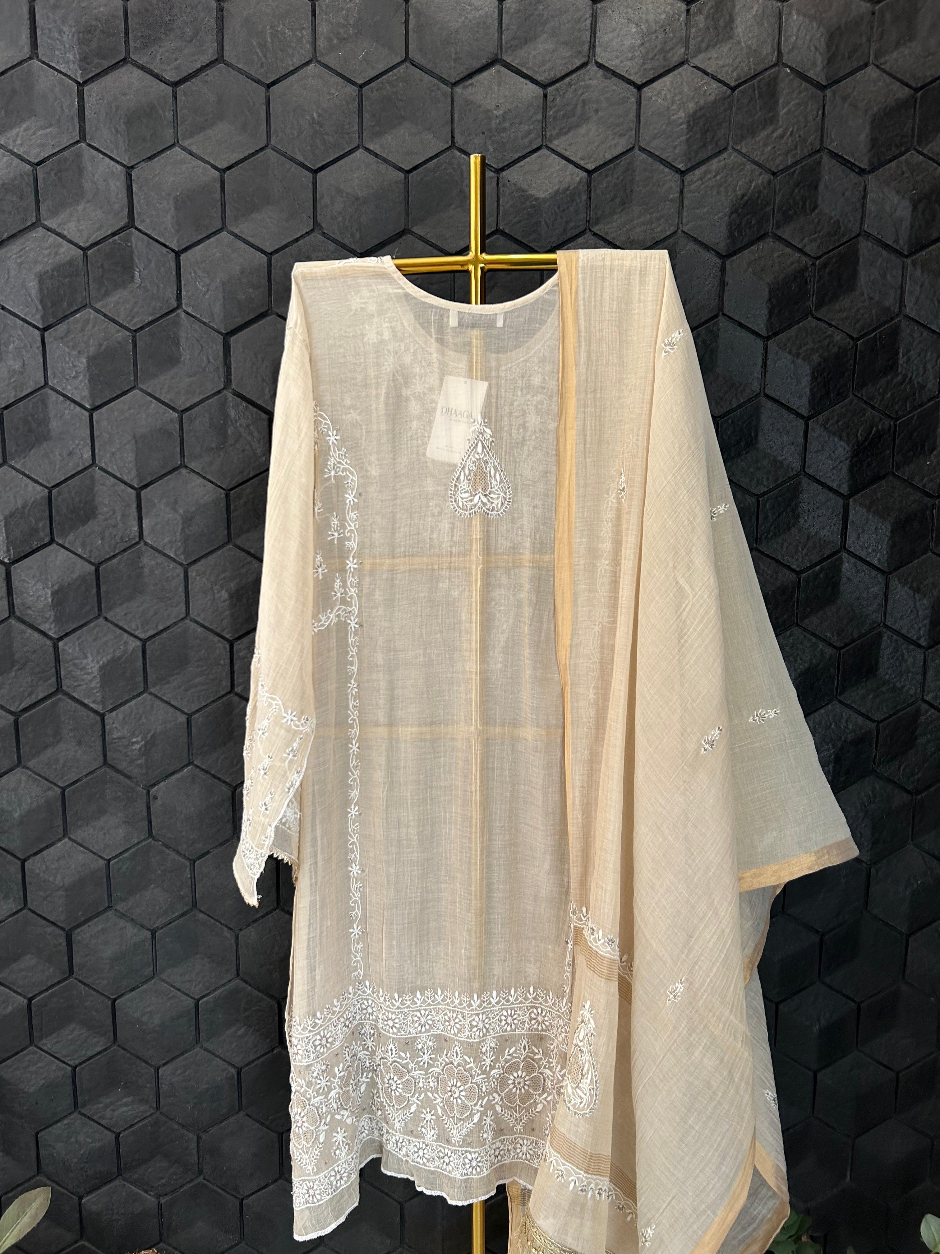Beige golden tissue chikanakri kurta set