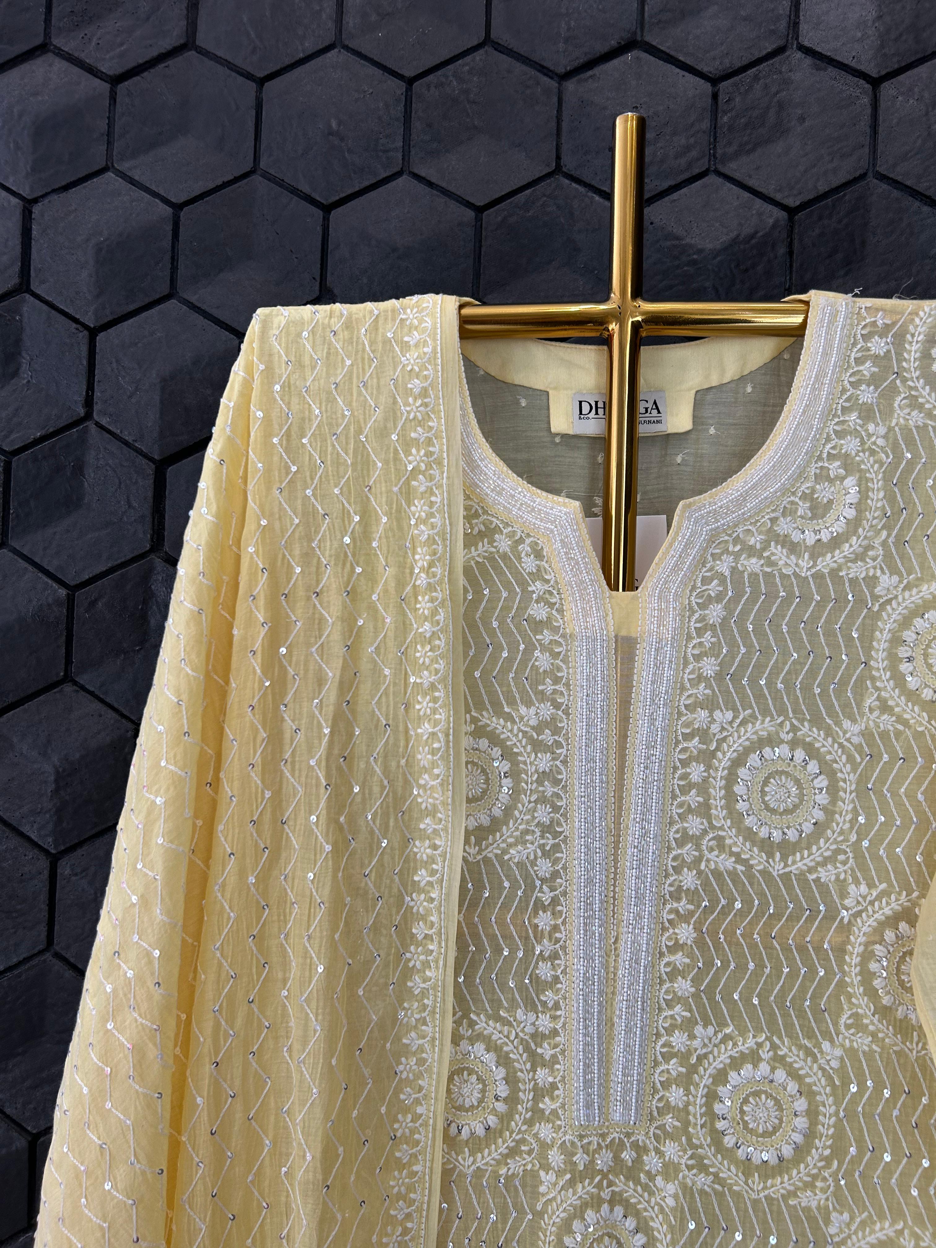Yellow mul chanderi chikanakri kurta set