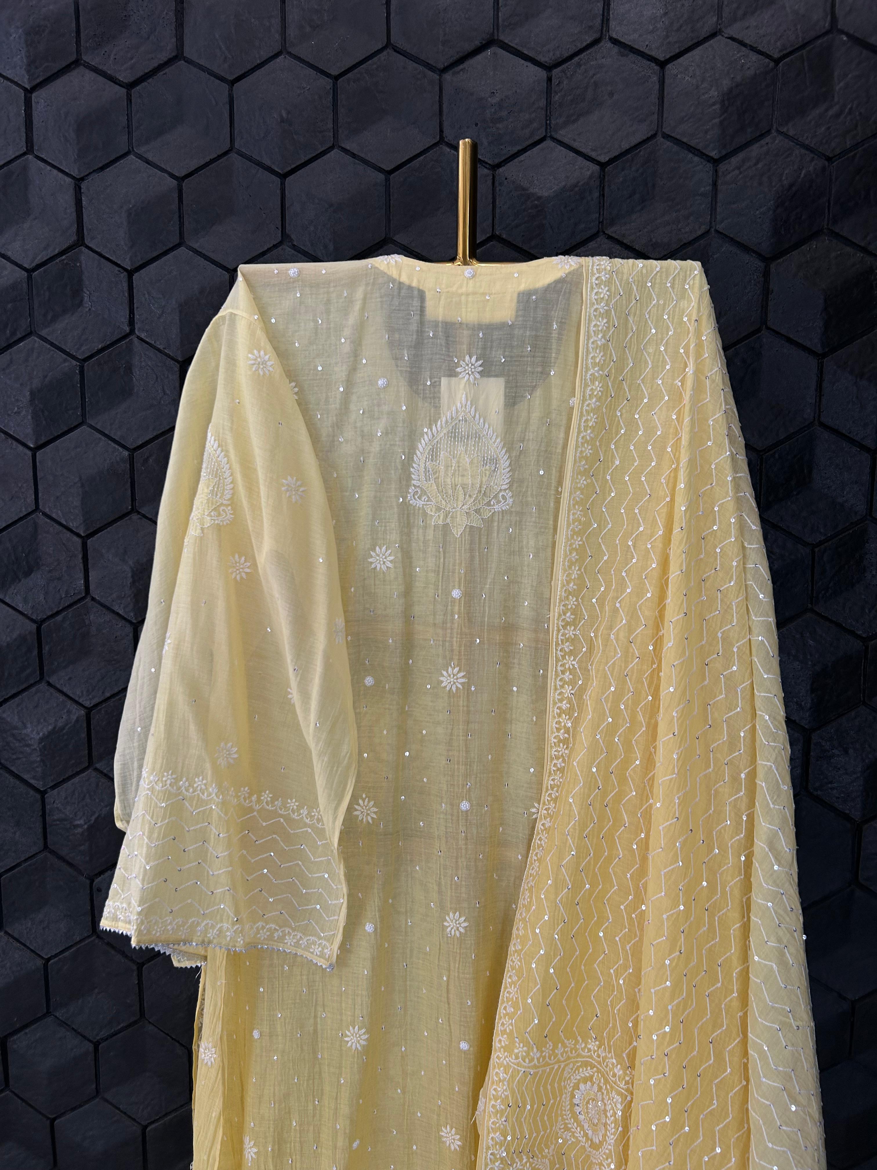 Yellow mul chanderi chikanakri kurta set