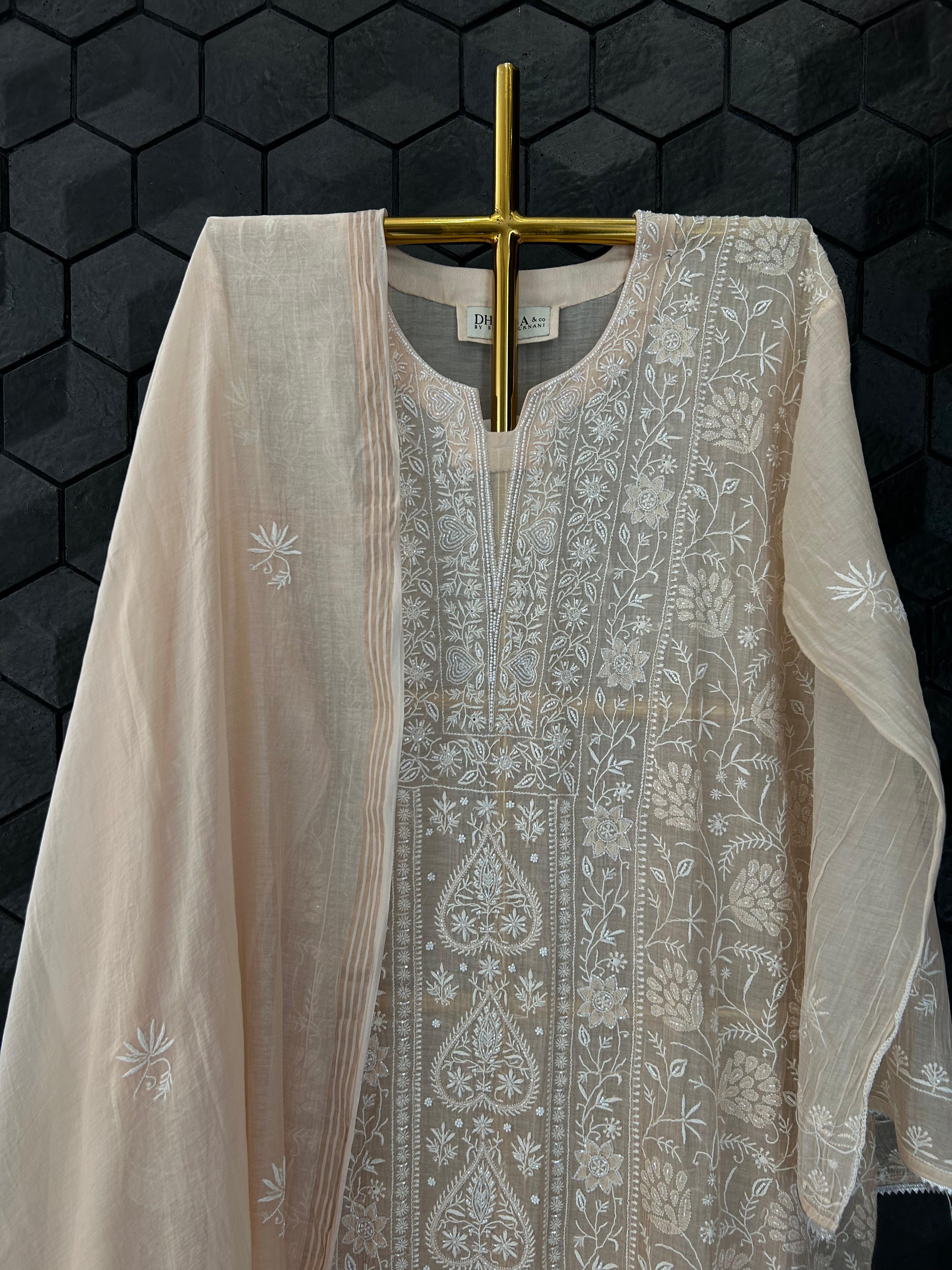 Peach mul chanderi chikankari kurta set