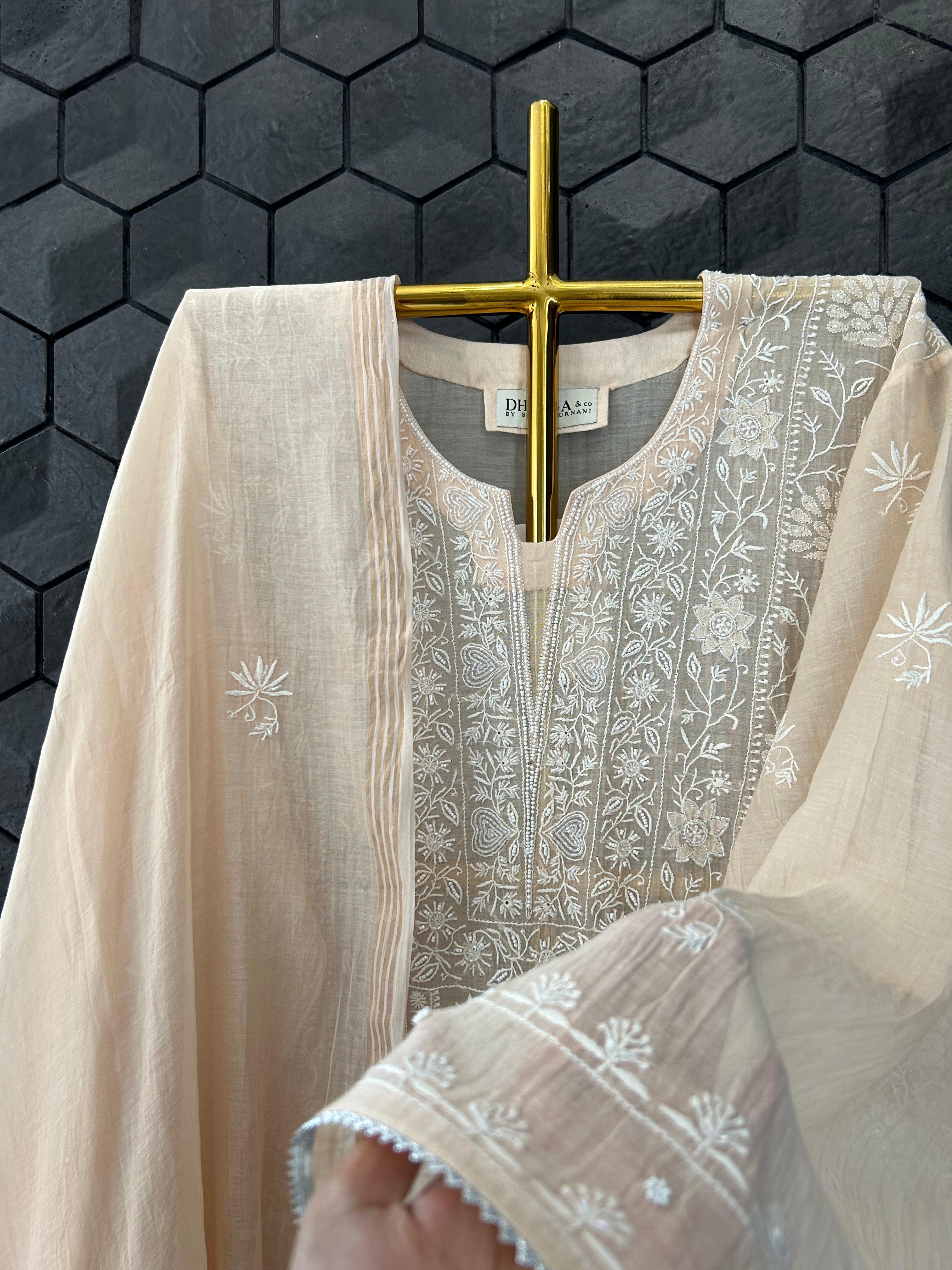 Peach mul chanderi chikankari kurta set