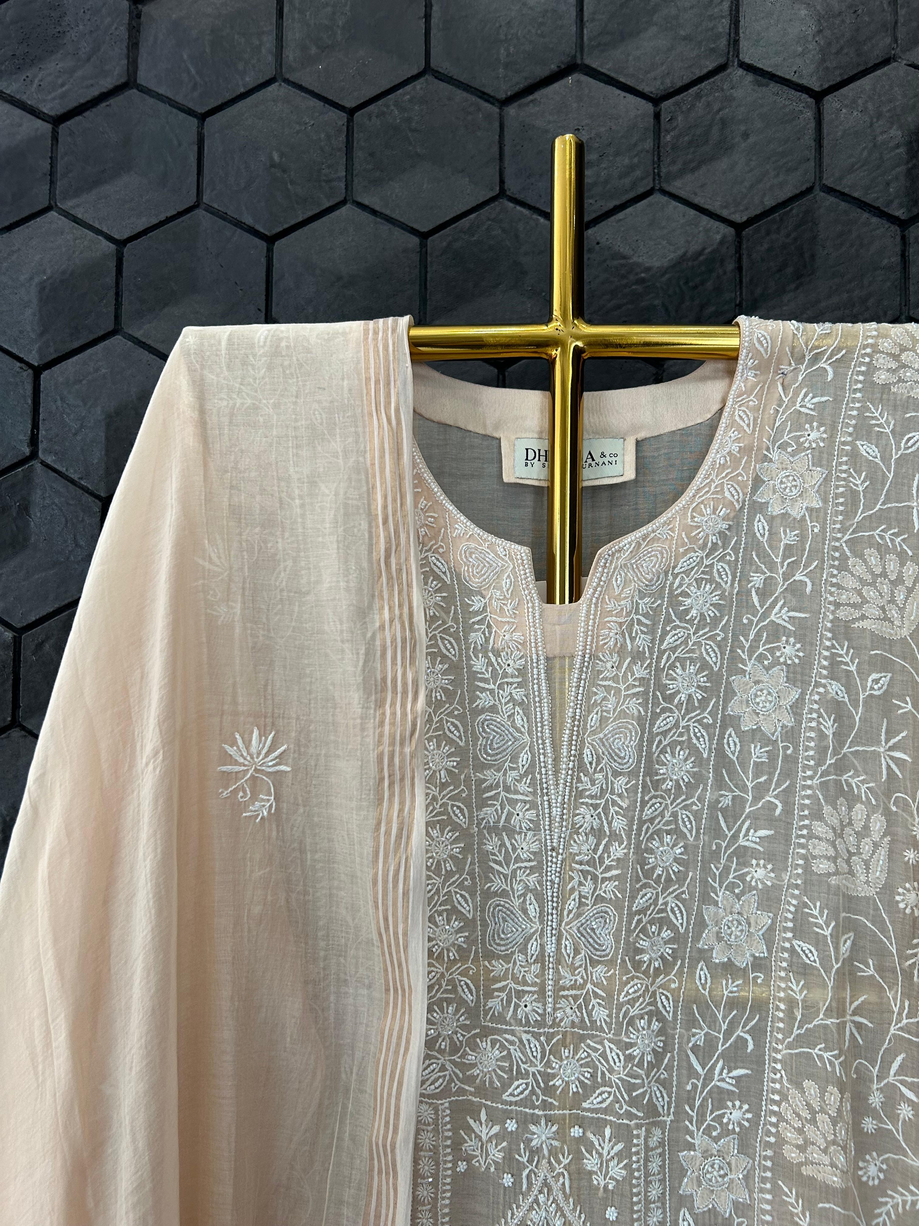 Peach mul chanderi chikankari kurta set
