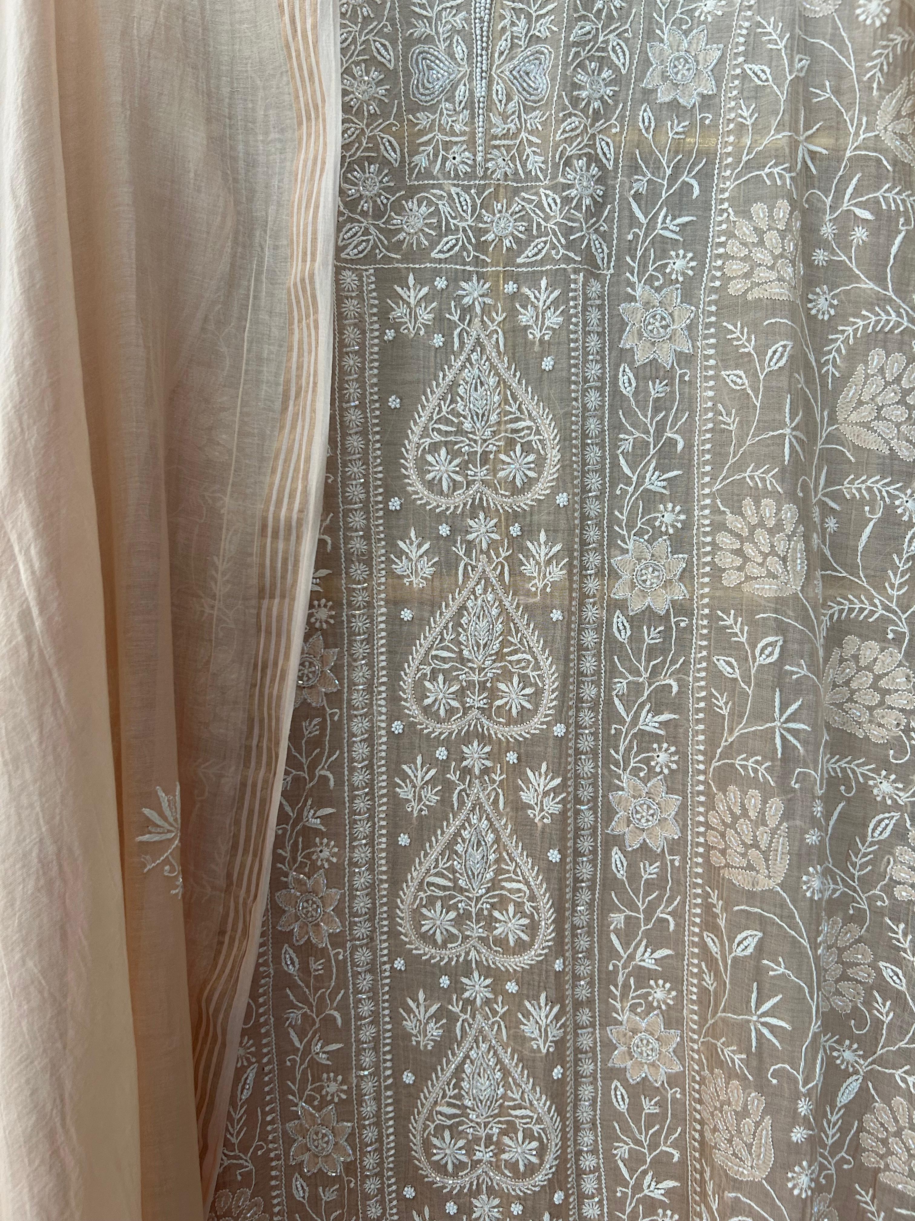 Peach mul chanderi chikankari kurta set