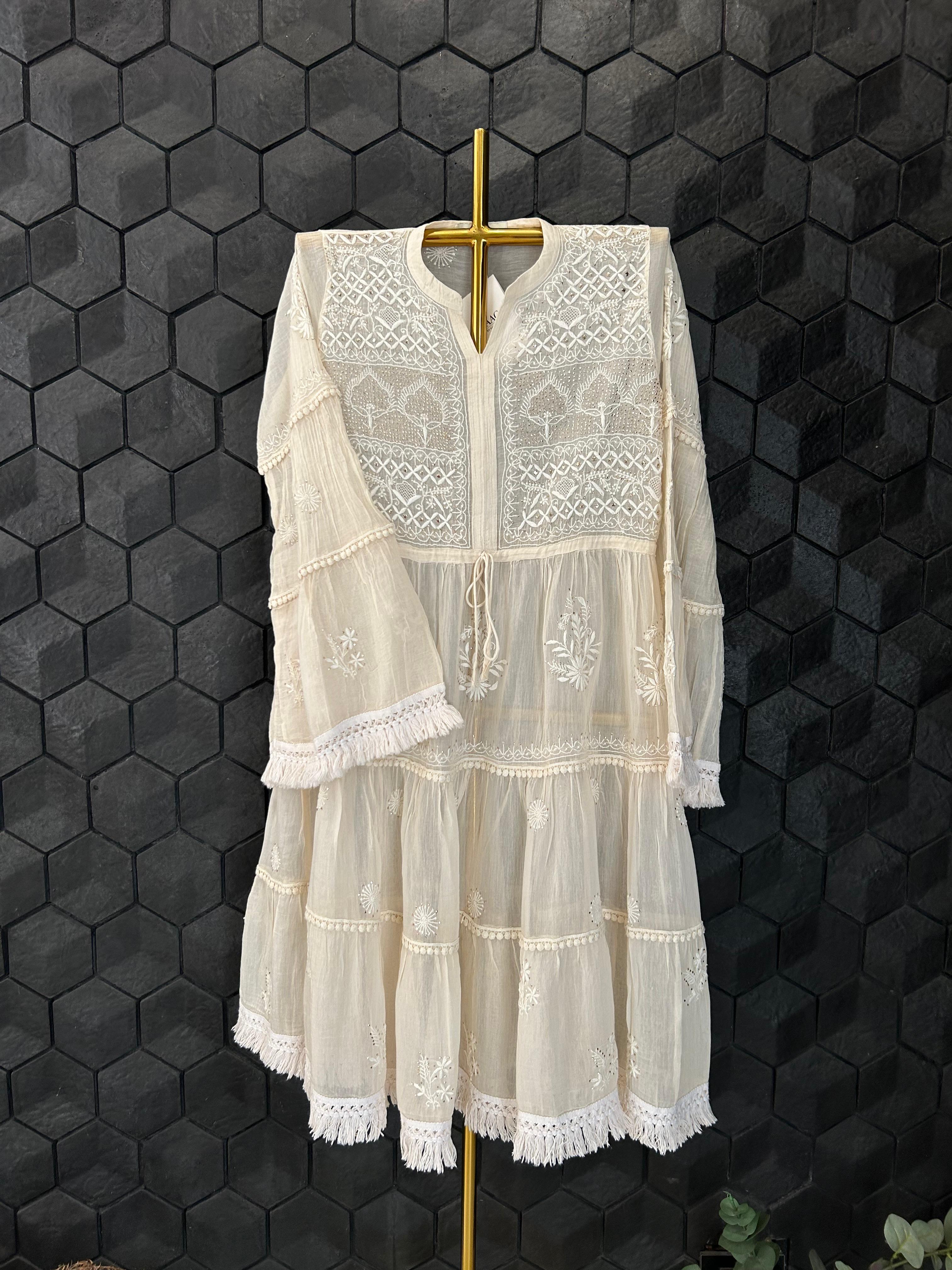 Natural mul chanderi chikankari dress