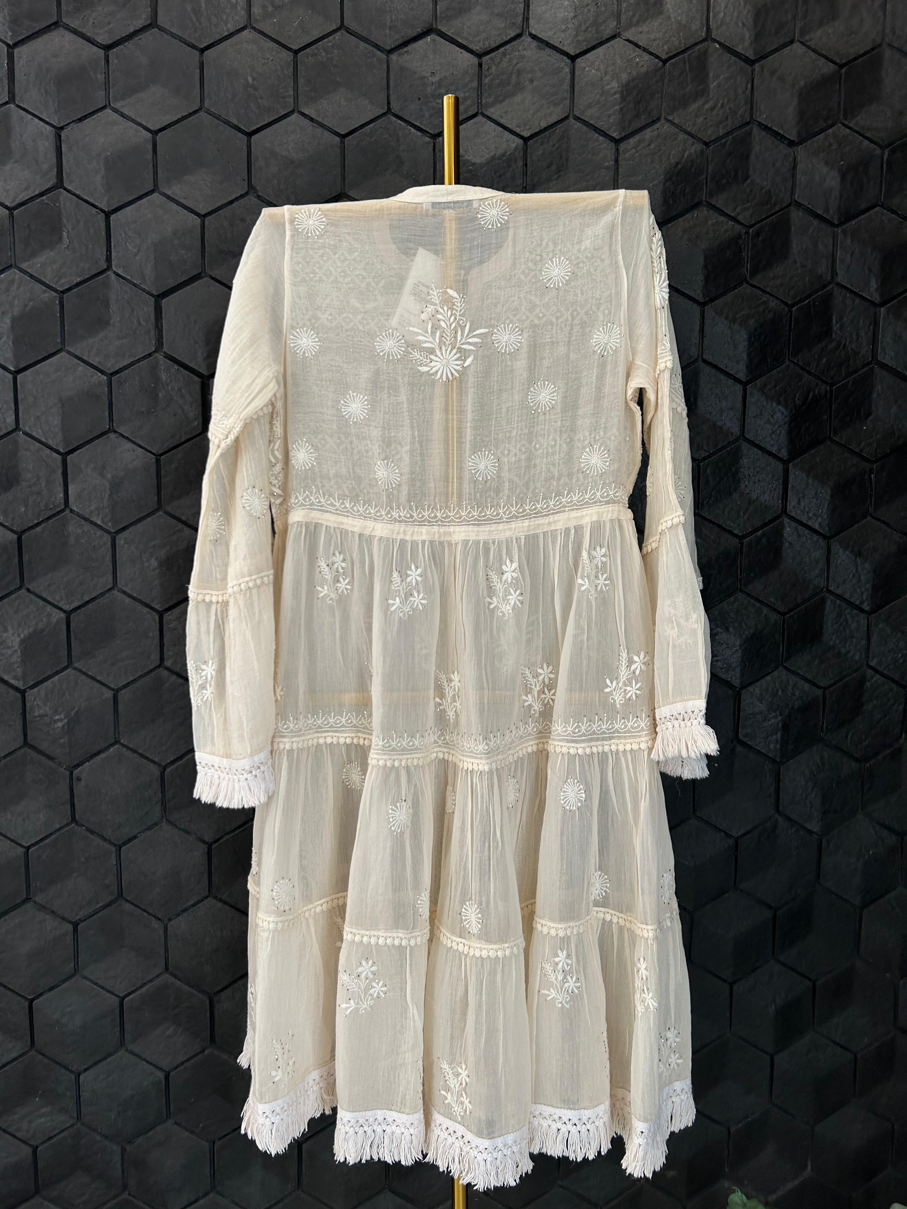 Natural mul chanderi chikankari dress