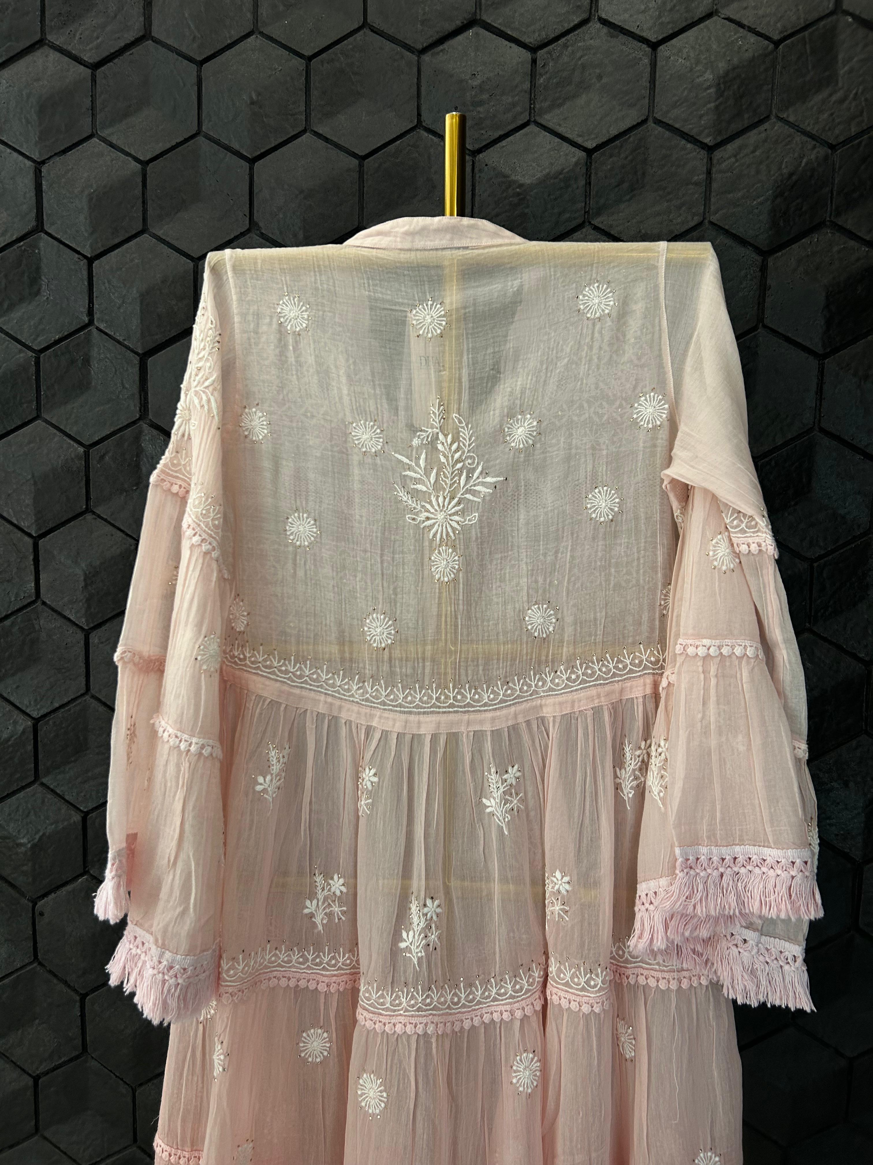 pink mul chanderi chikankari dress