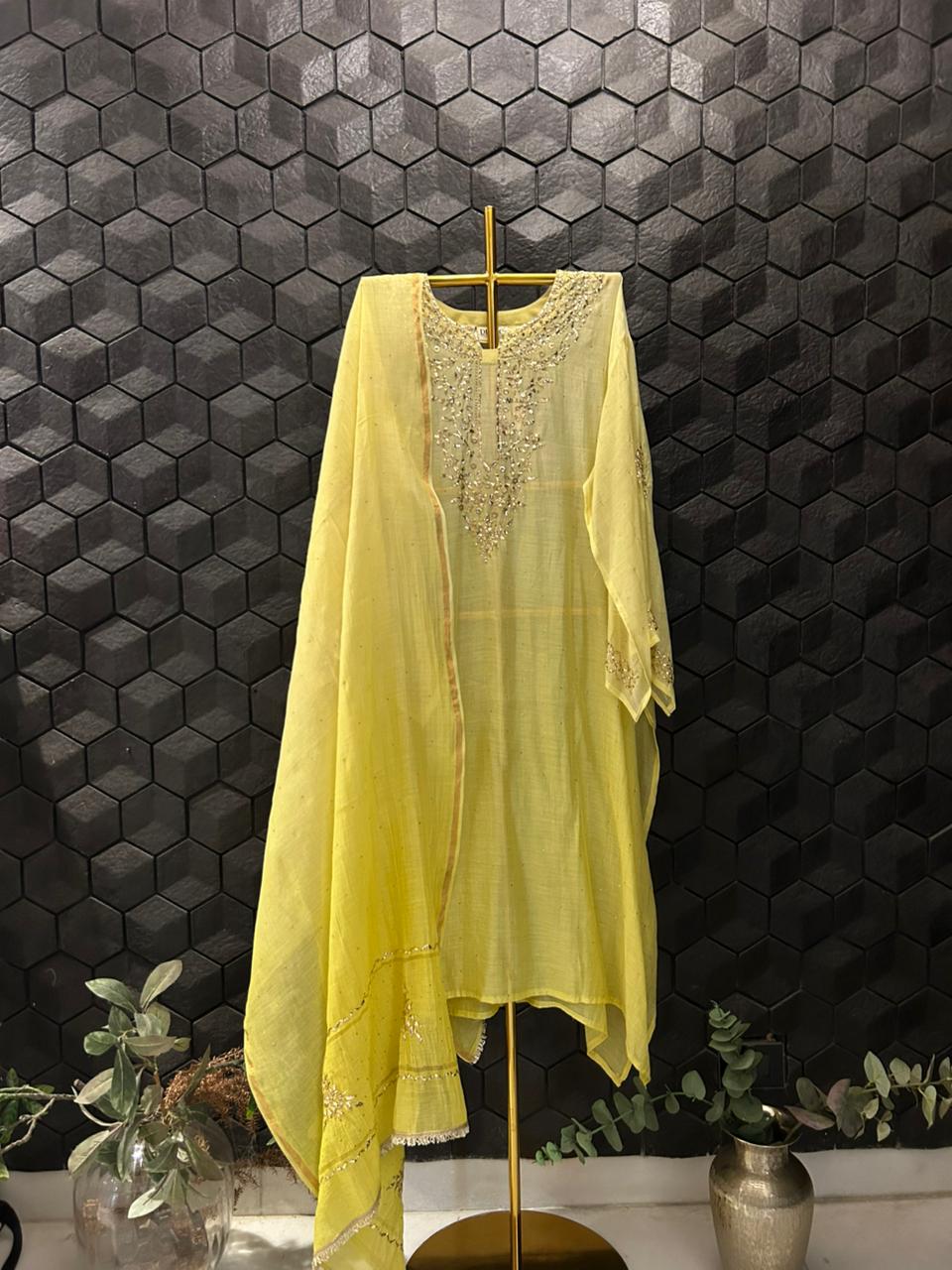 Yellow Mul Chanderi Mukaish kurta Set