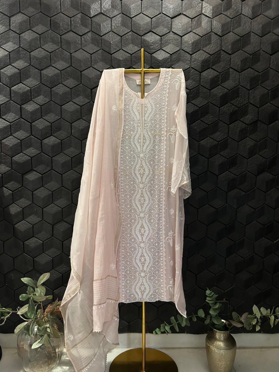 Pink Mul Chanderi Chikankari Kurta Set