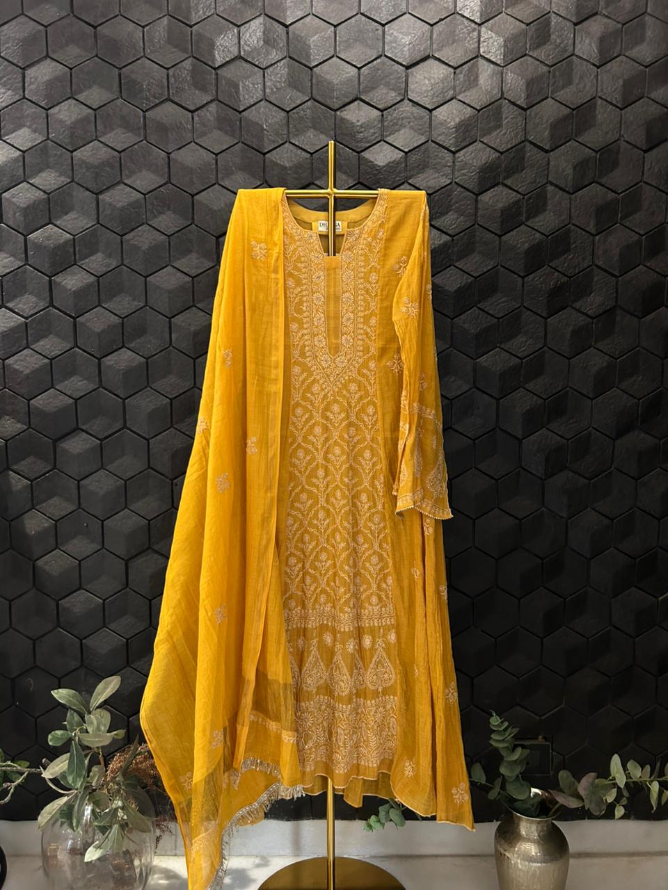 Mustard Golden Tissue Chikankari Anarkali Set