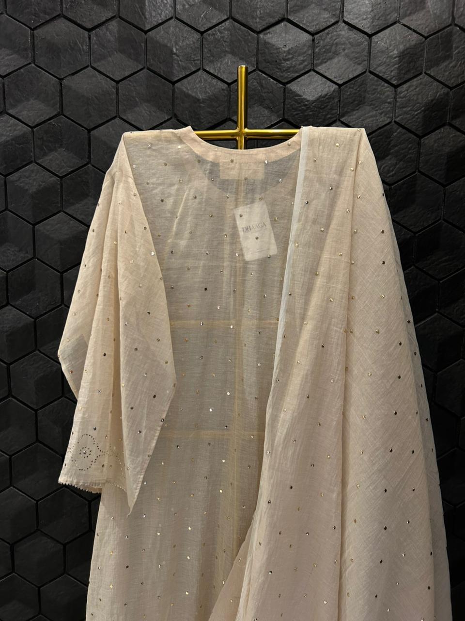 Beige Golden Tissue Mukaish Kurta Set