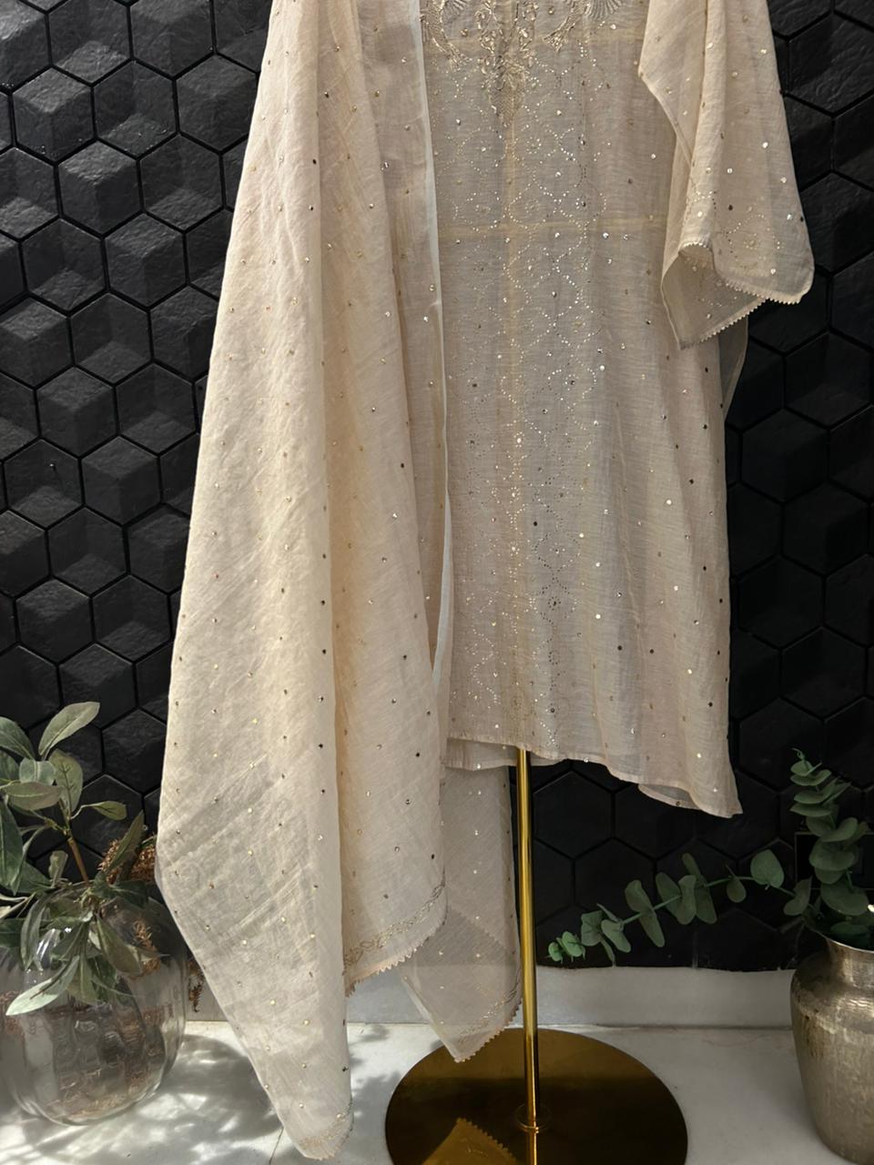 Beige Golden Tissue Mukaish Kurta Set