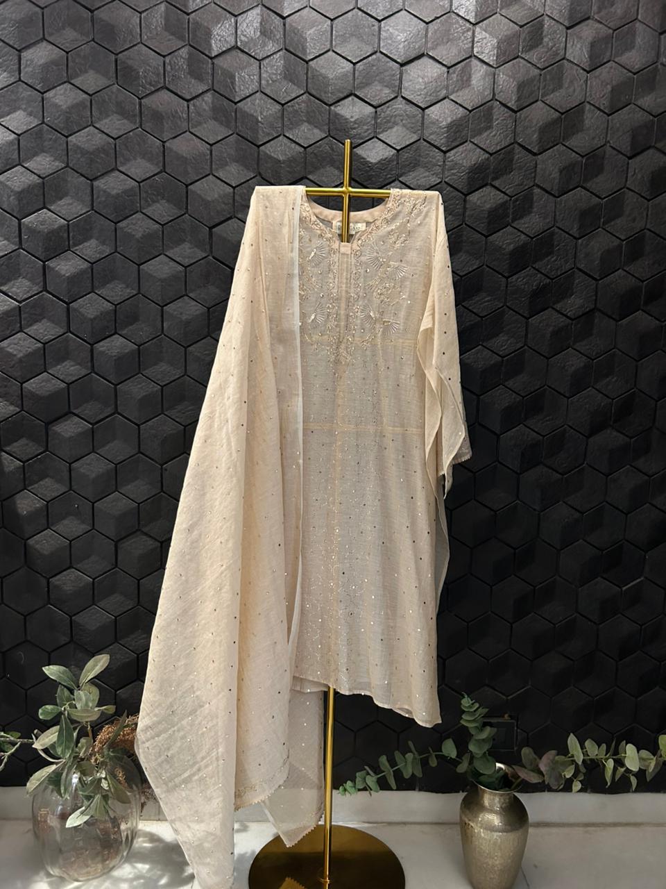 Beige Golden Tissue Mukaish Kurta Set