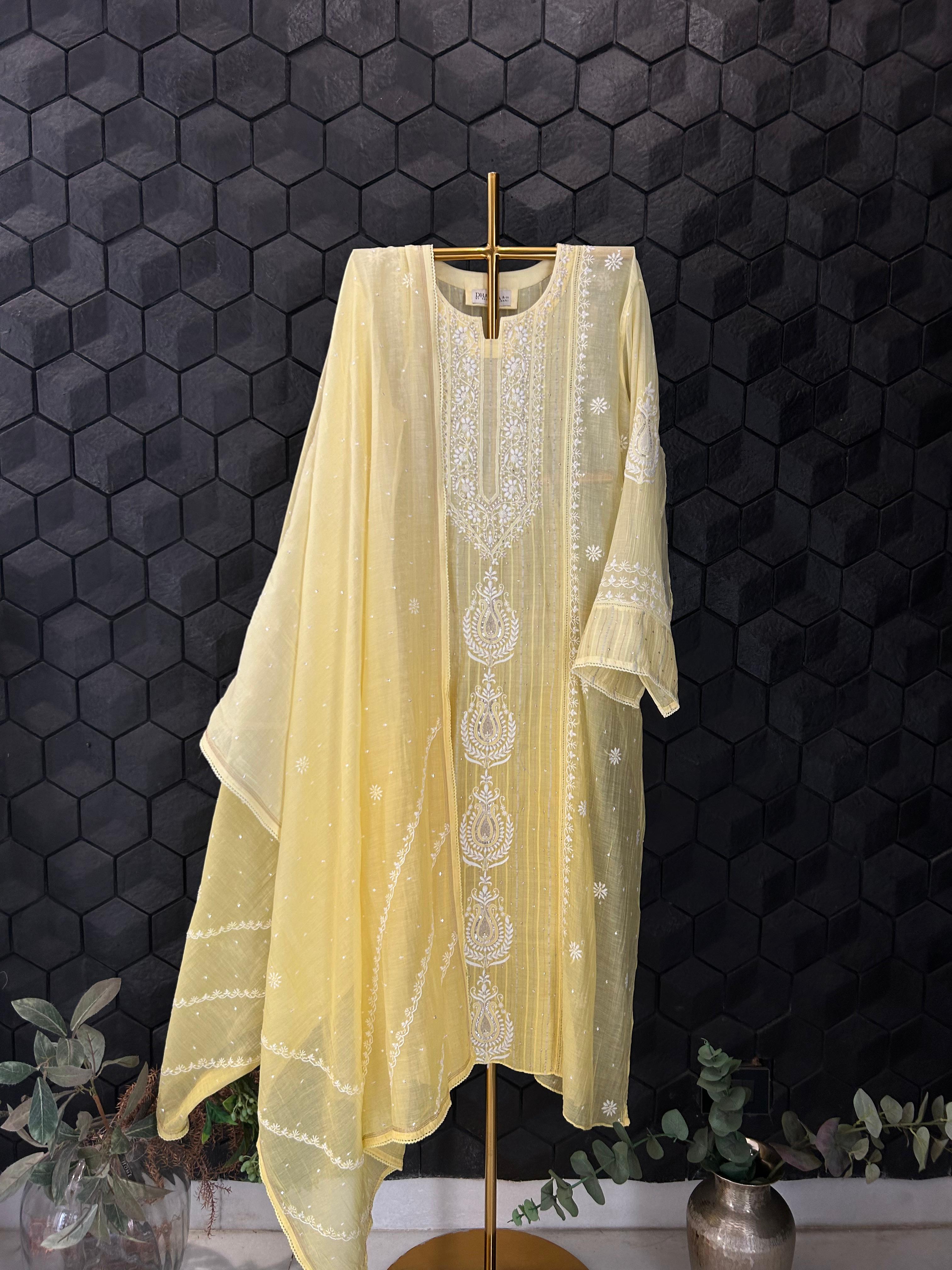 Yellow Mul Chanderi Chikankari Kurta Set