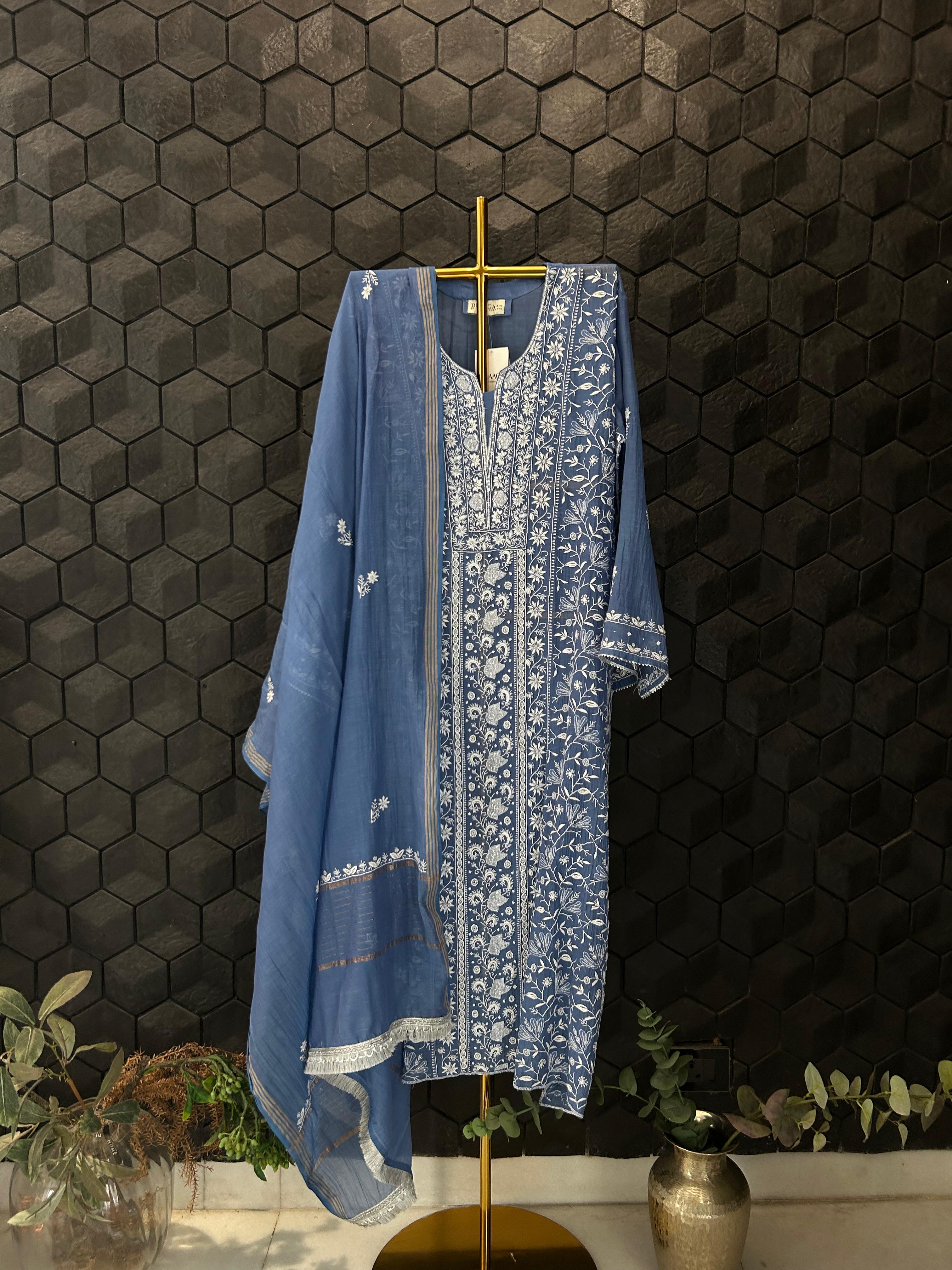 Blue Mul Chanderi Chikankari Kurta Set