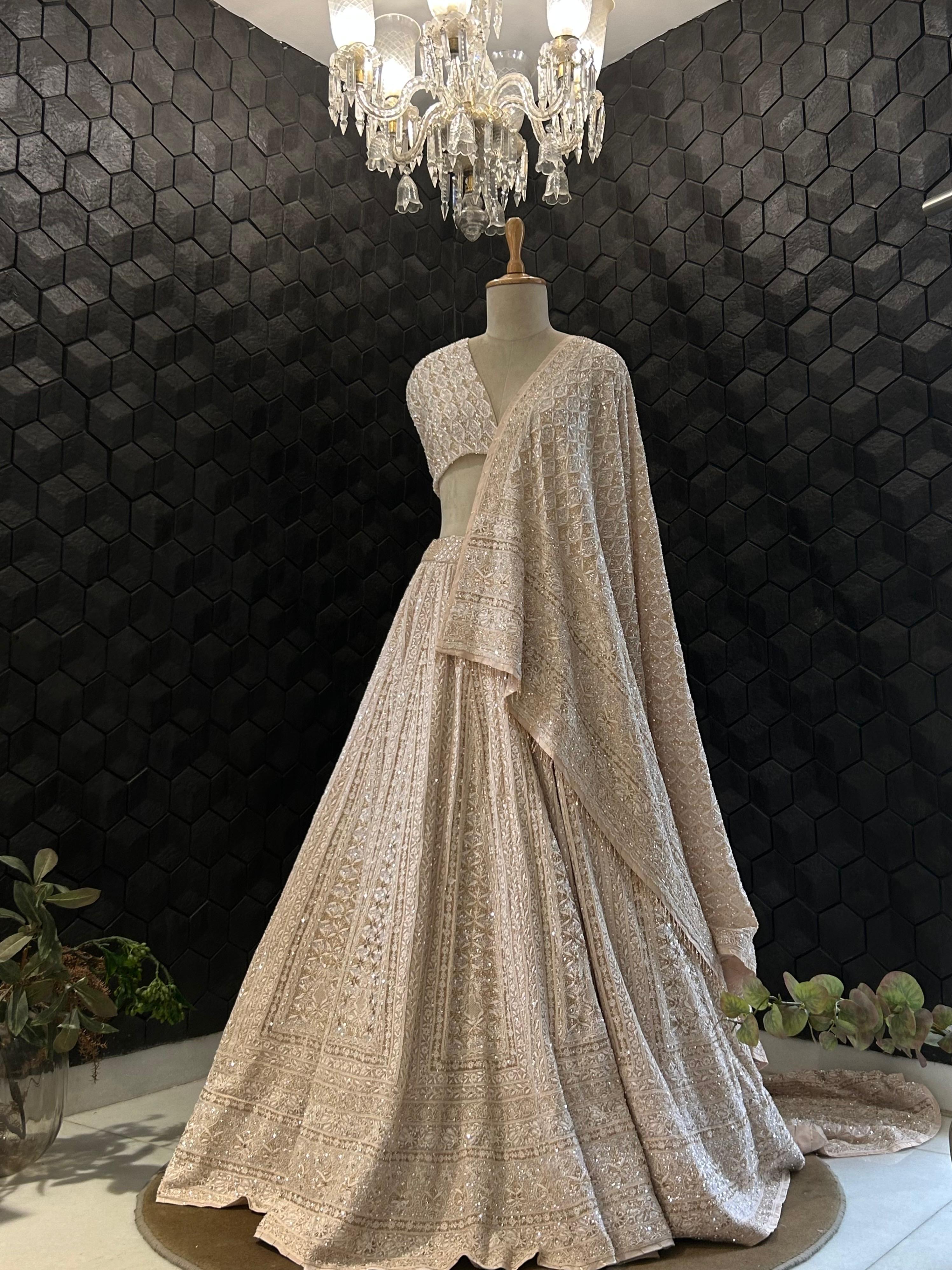 Beige georgette ek-taar chikankari lehenga set