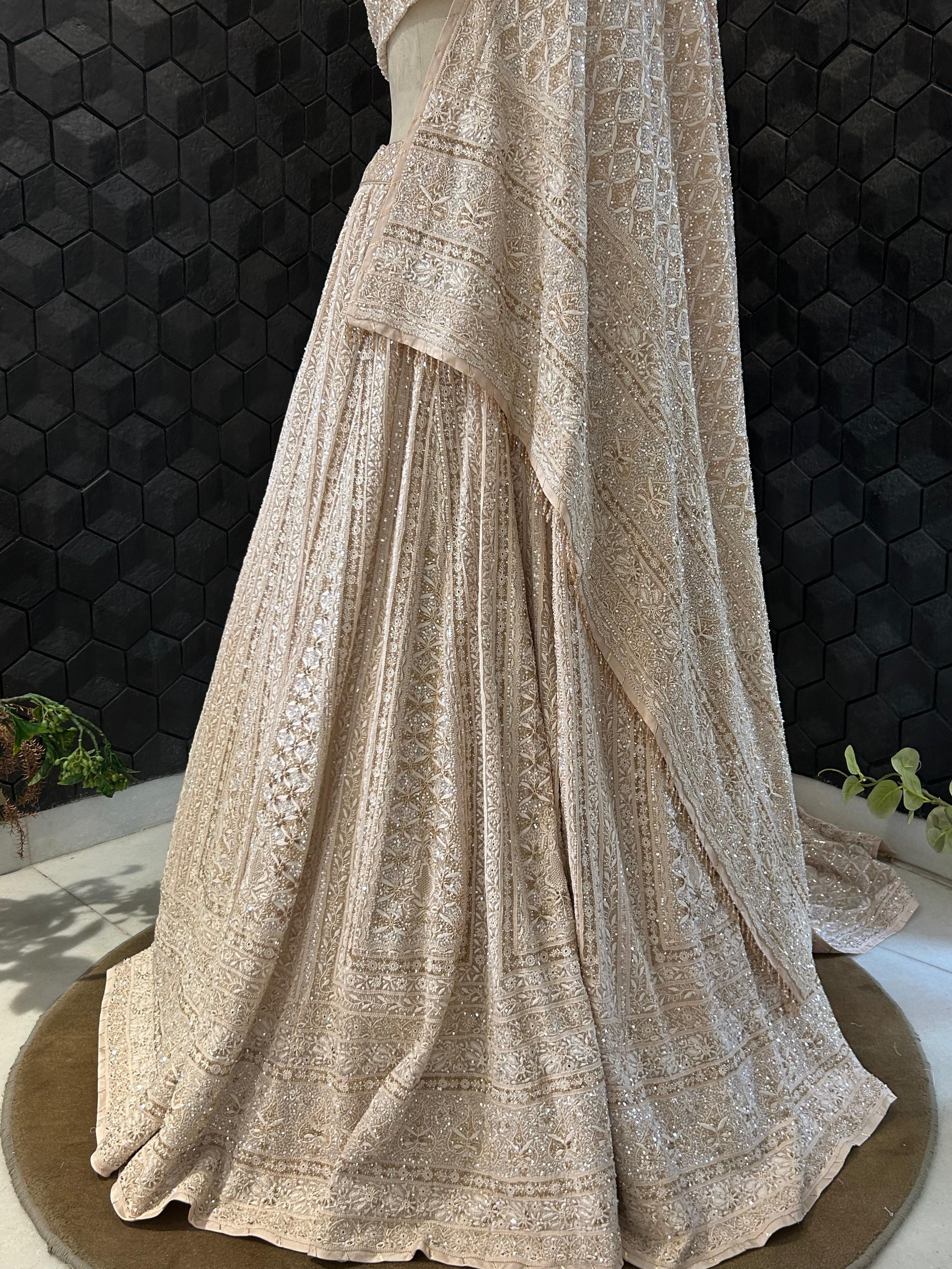 Beige georgette ek-taar chikankari lehenga set