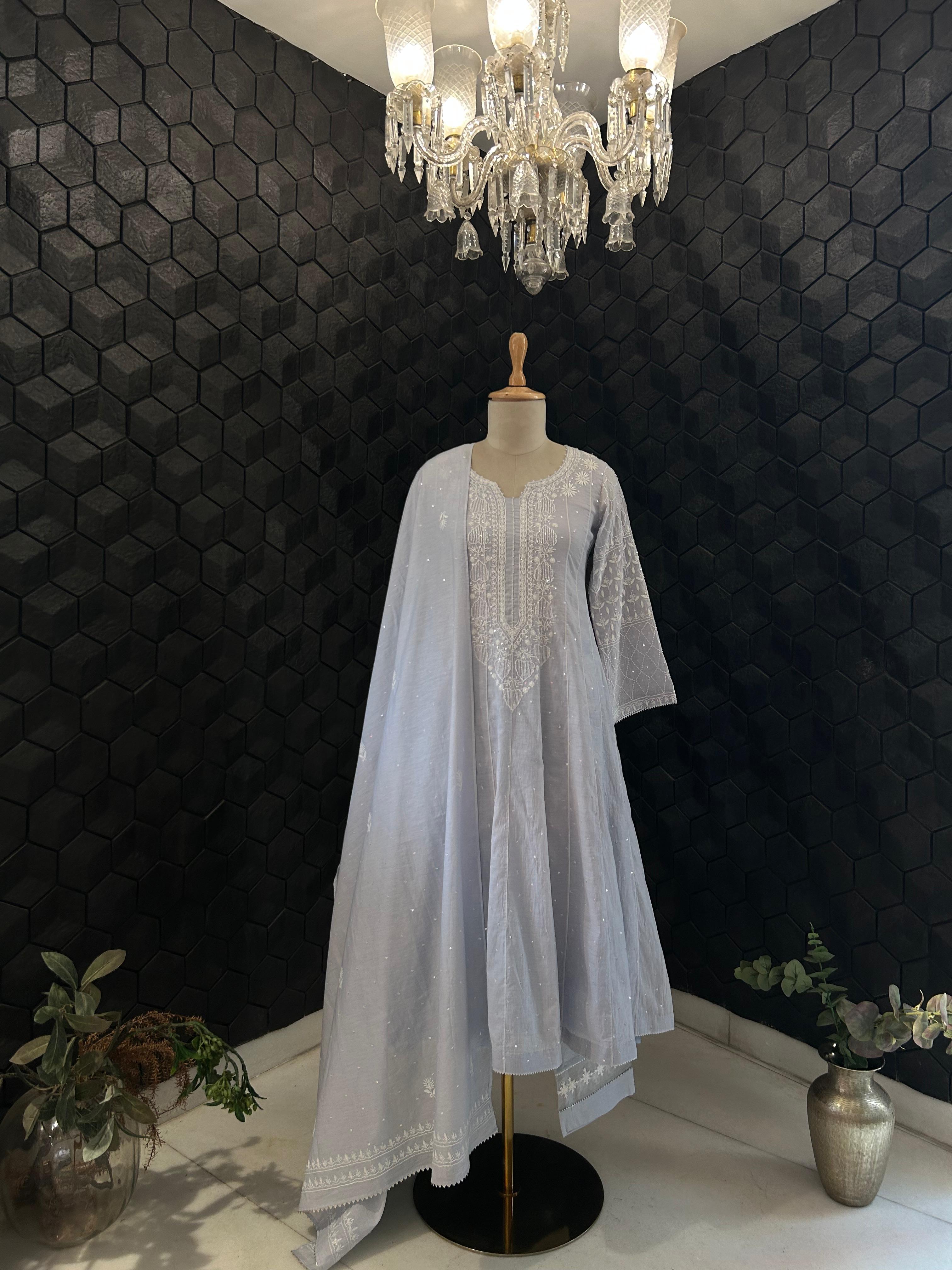 Rashmika Mandana in Powder Blue Chanderi Chikankari Anarkali Set