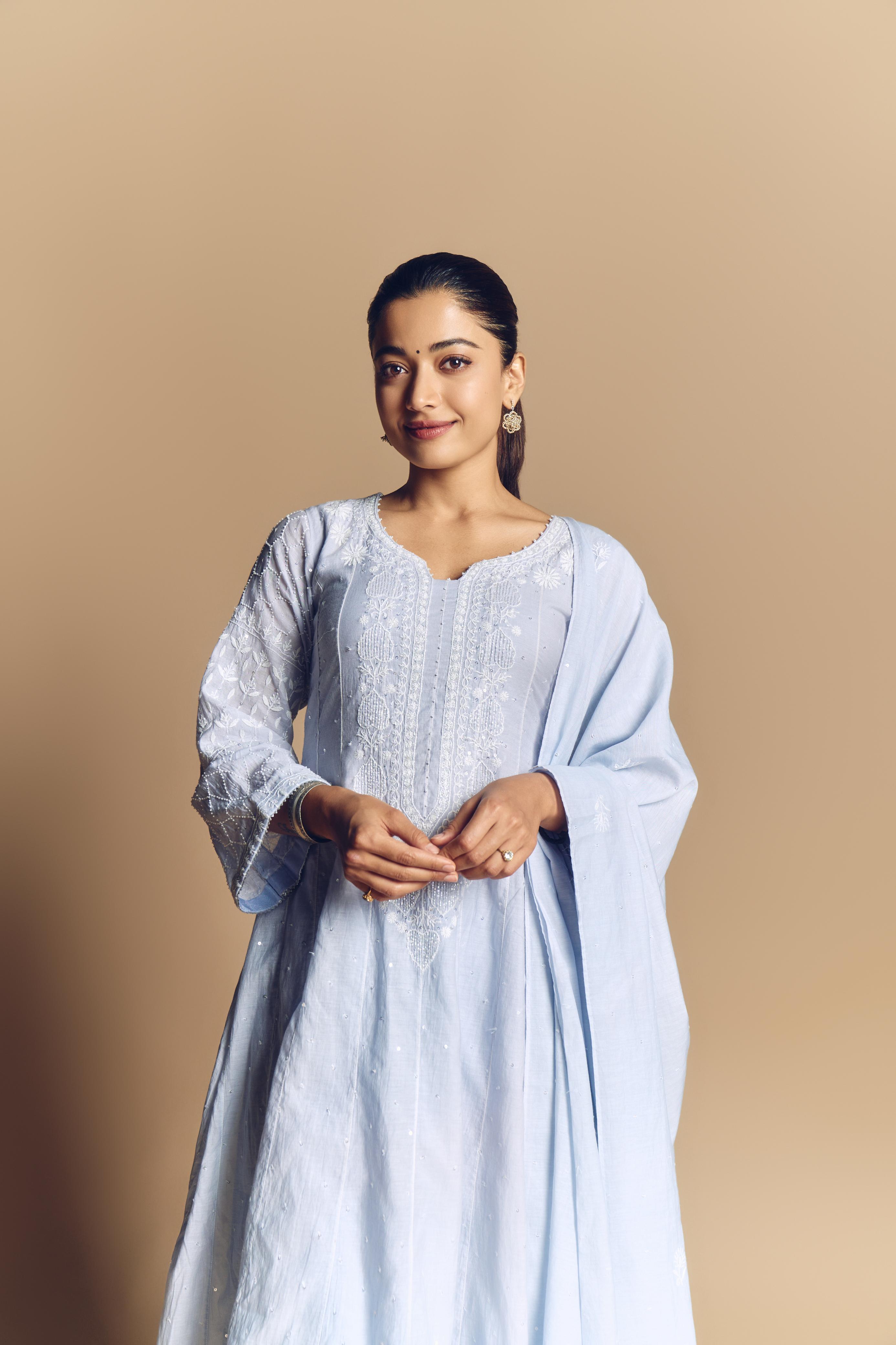 Rashmika Mandana in Powder Blue Chanderi Chikankari Anarkali Set