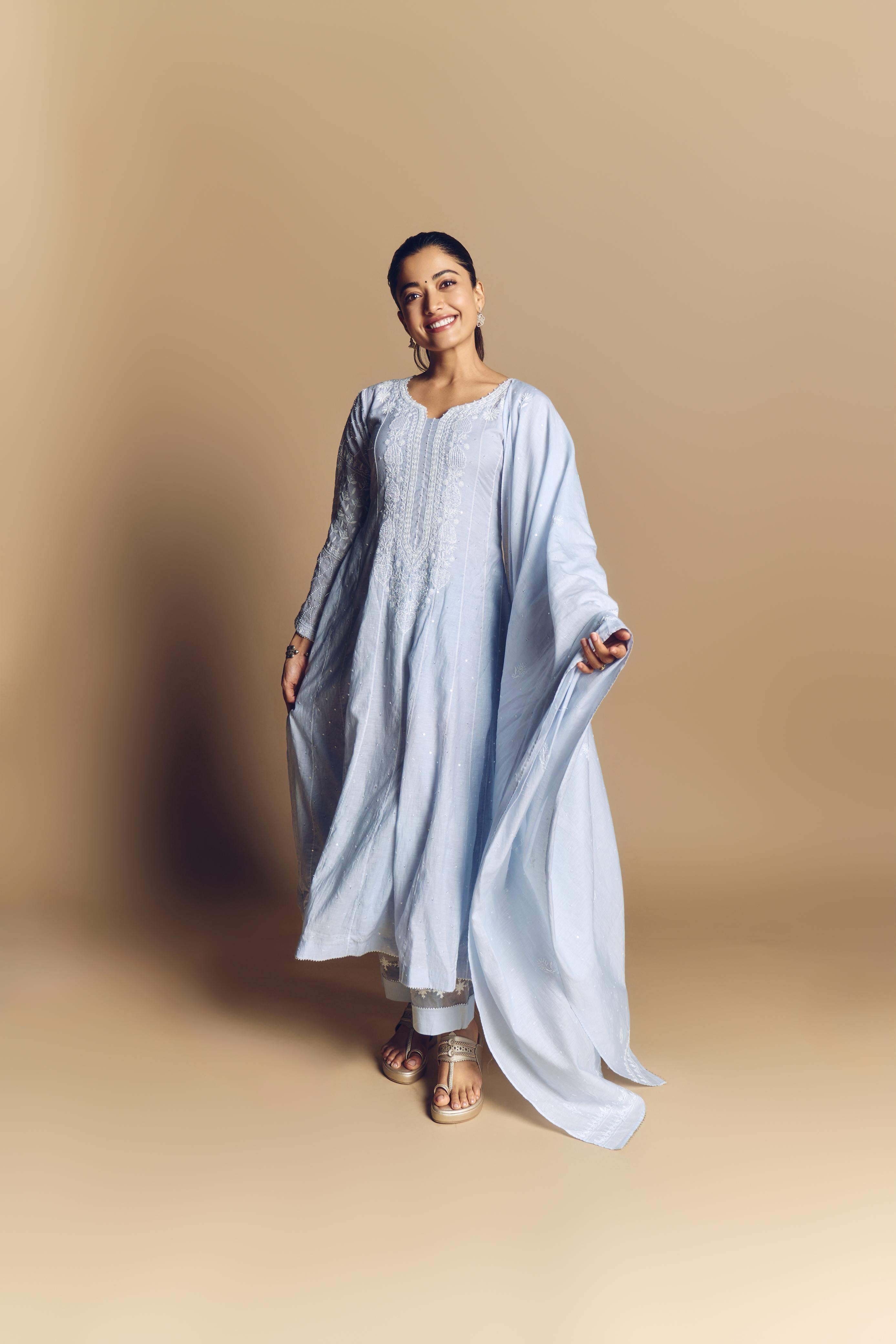 Rashmika Mandana in Powder Blue Chanderi Chikankari Anarkali Set