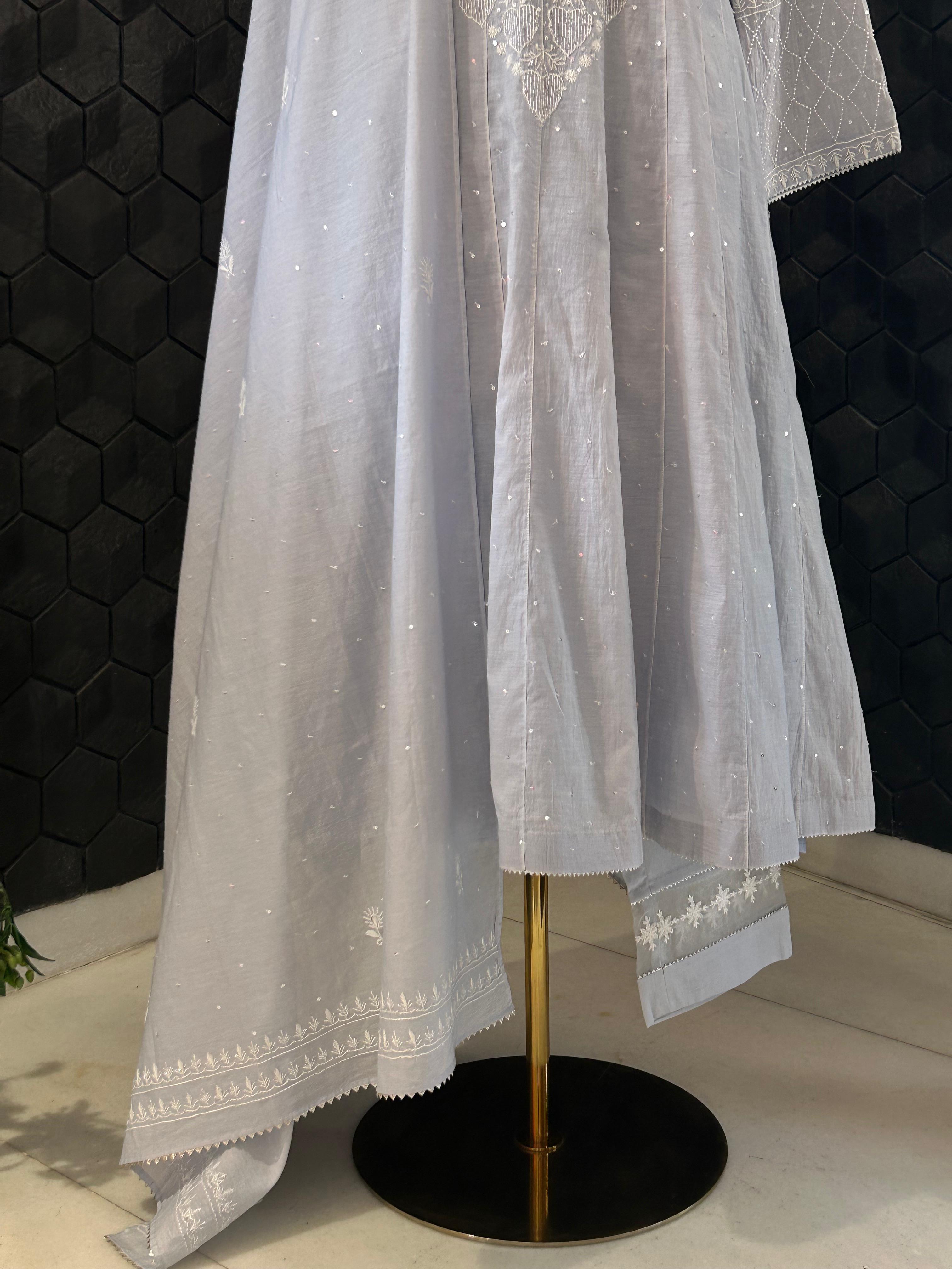 Rashmika Mandana in Powder Blue Chanderi Chikankari Anarkali Set