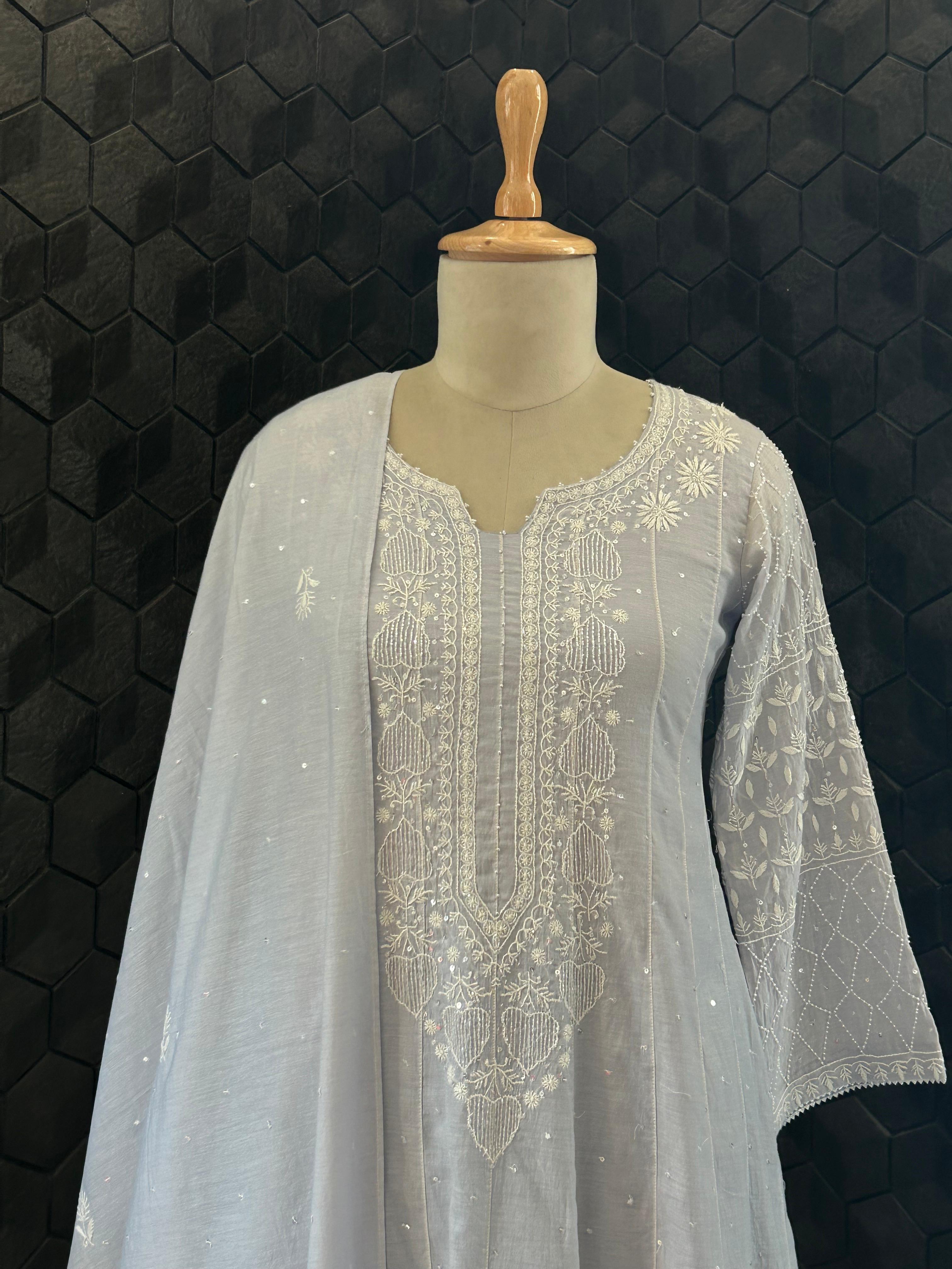 Rashmika Mandana in Powder Blue Chanderi Chikankari Anarkali Set