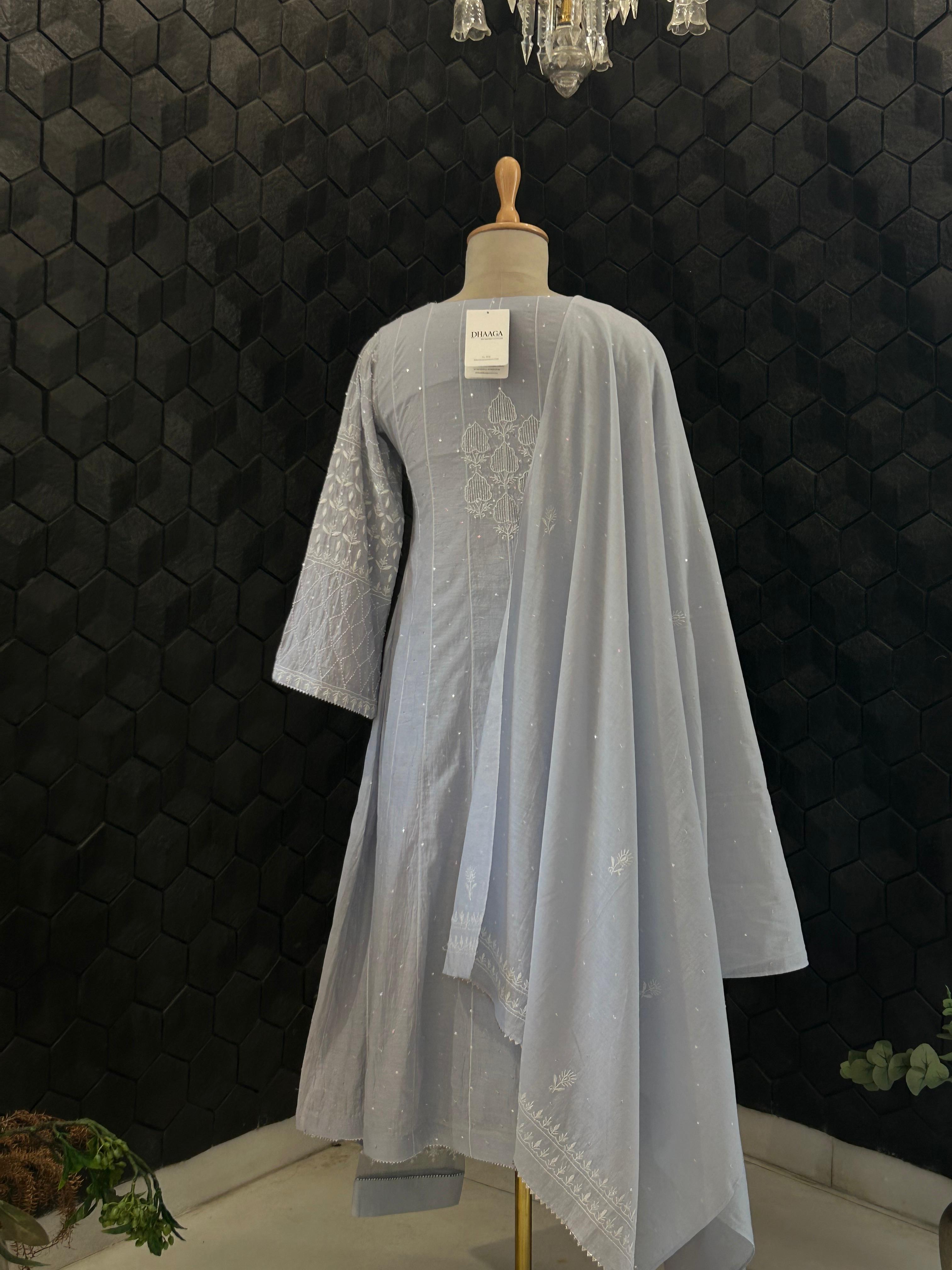 Rashmika Mandana in Powder Blue Chanderi Chikankari Anarkali Set