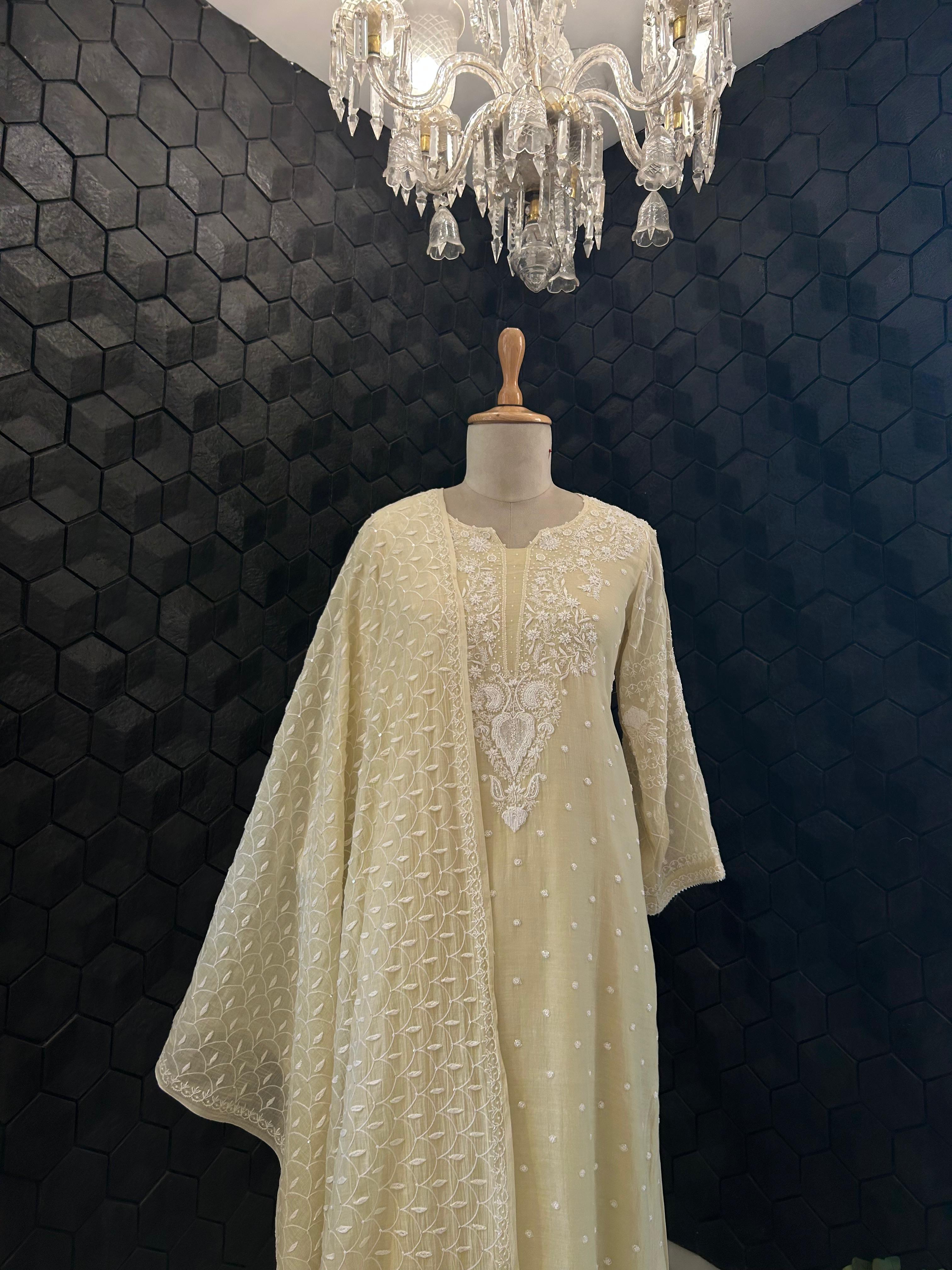 Rashmika Mandana in Mul Chanderi Chikankari Kurta Set