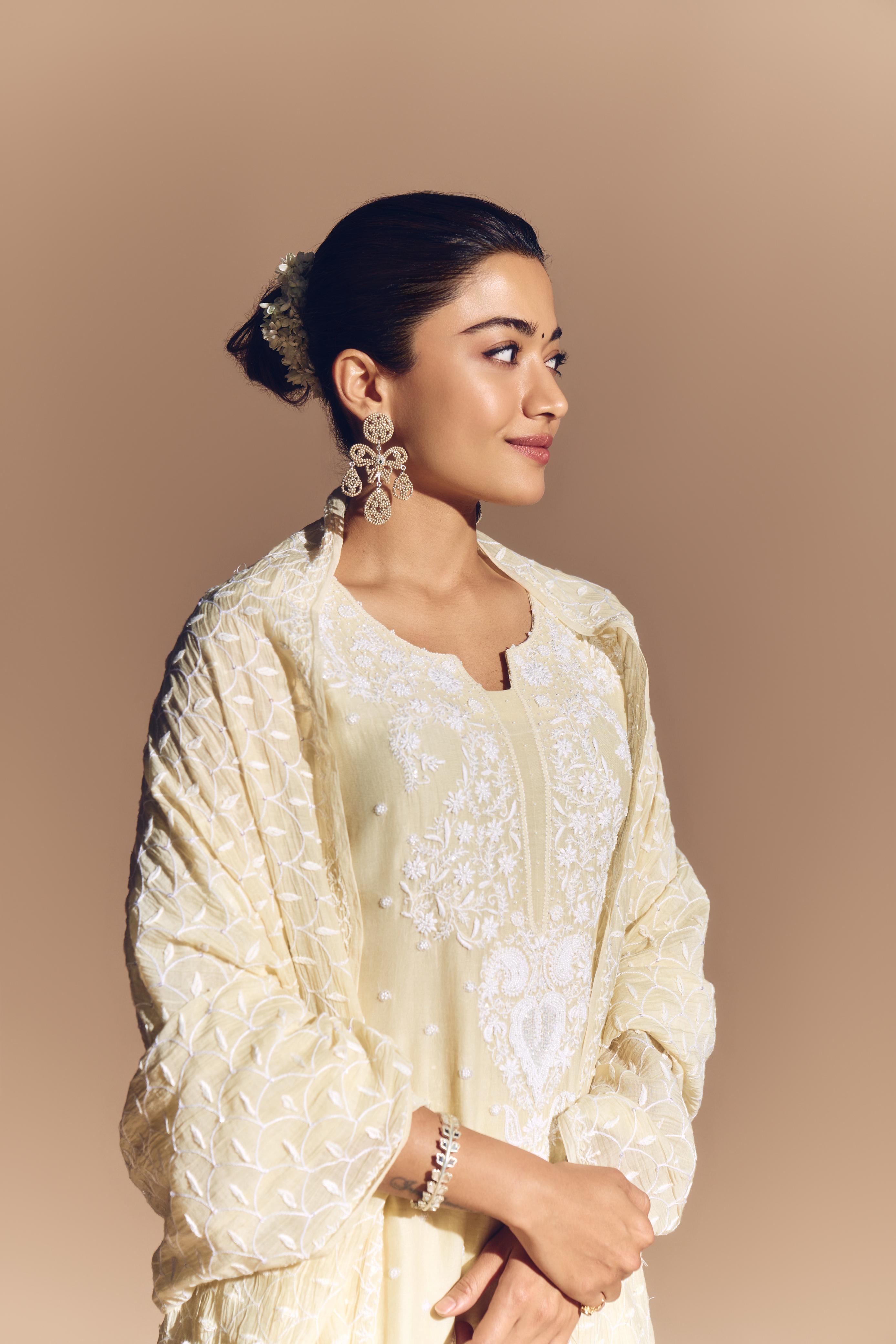 Rashmika Mandana in Mul Chanderi Chikankari Kurta Set