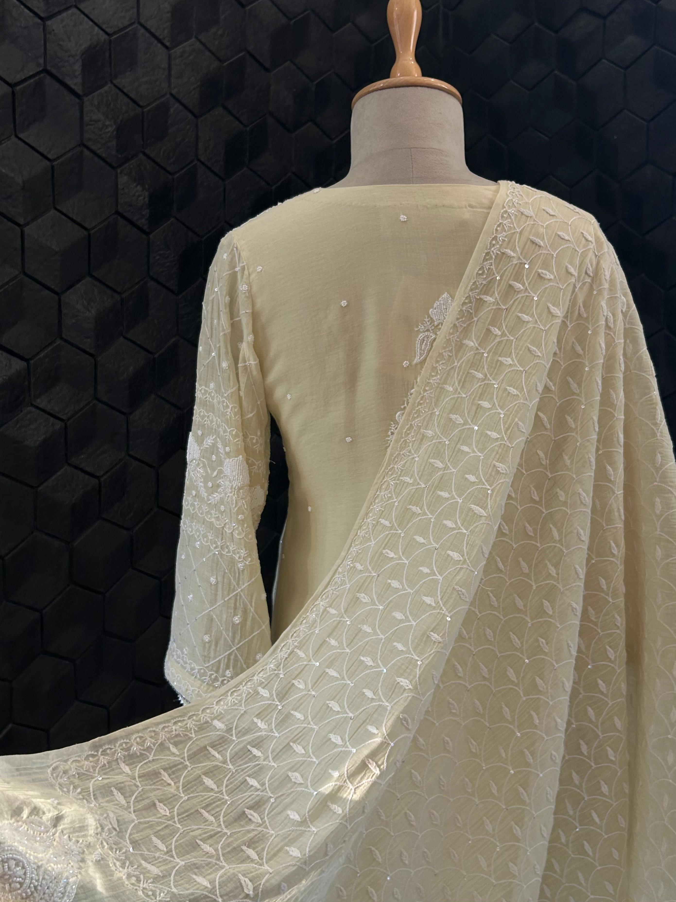 Rashmika Mandana in Mul Chanderi Chikankari Kurta Set