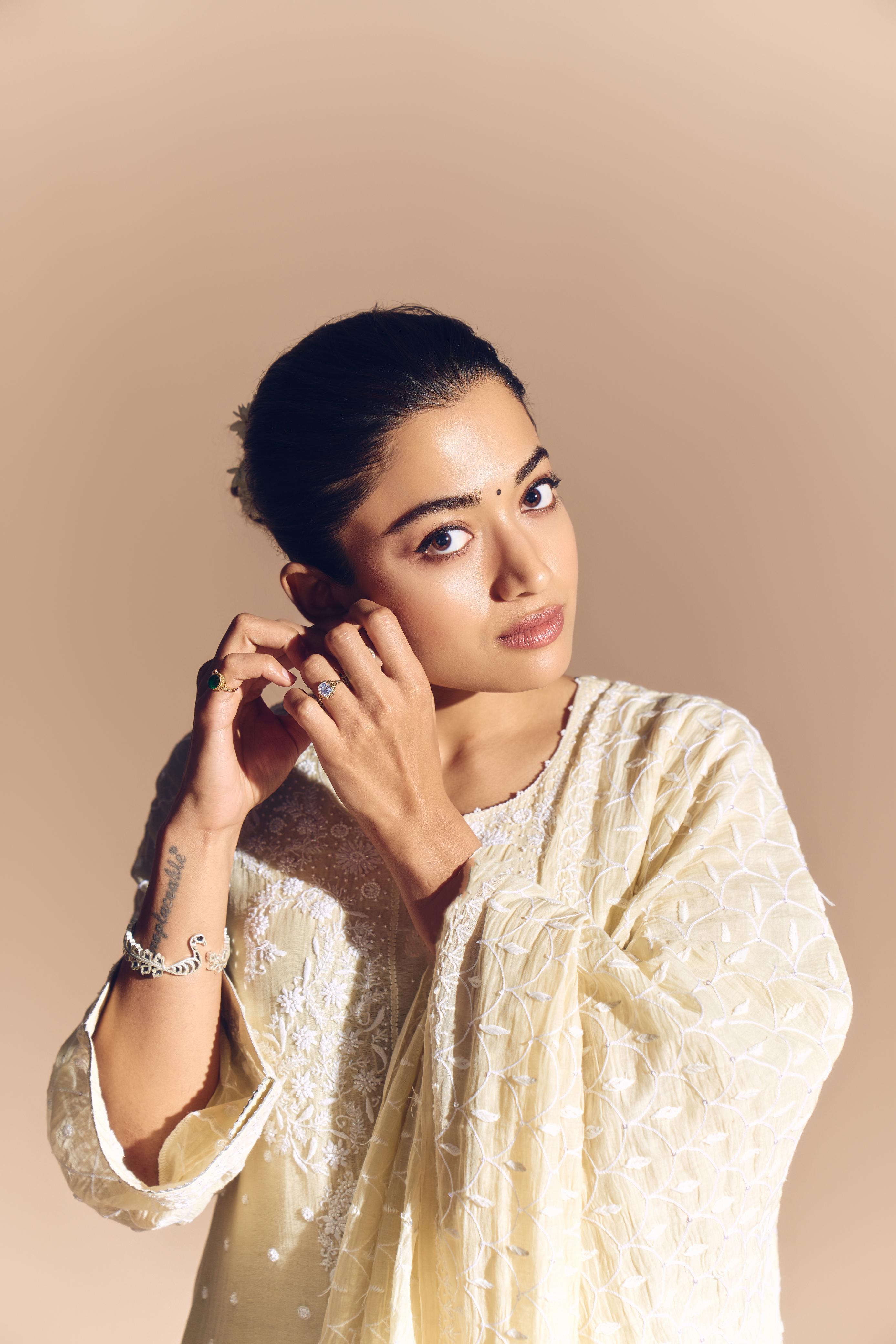 Rashmika Mandana in Mul Chanderi Chikankari Kurta Set