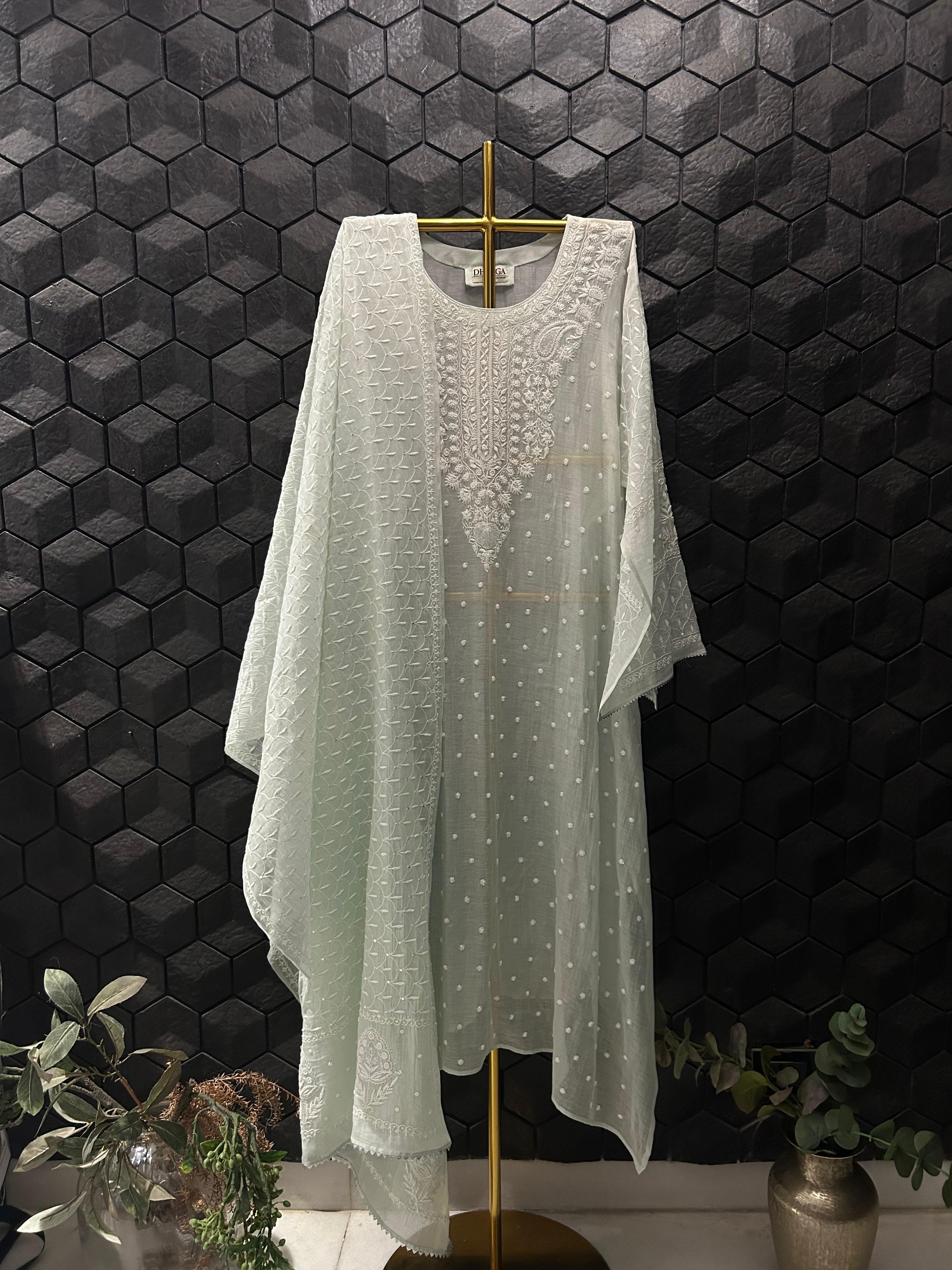 Green Mul Chanderi Chikankari Kurta Set