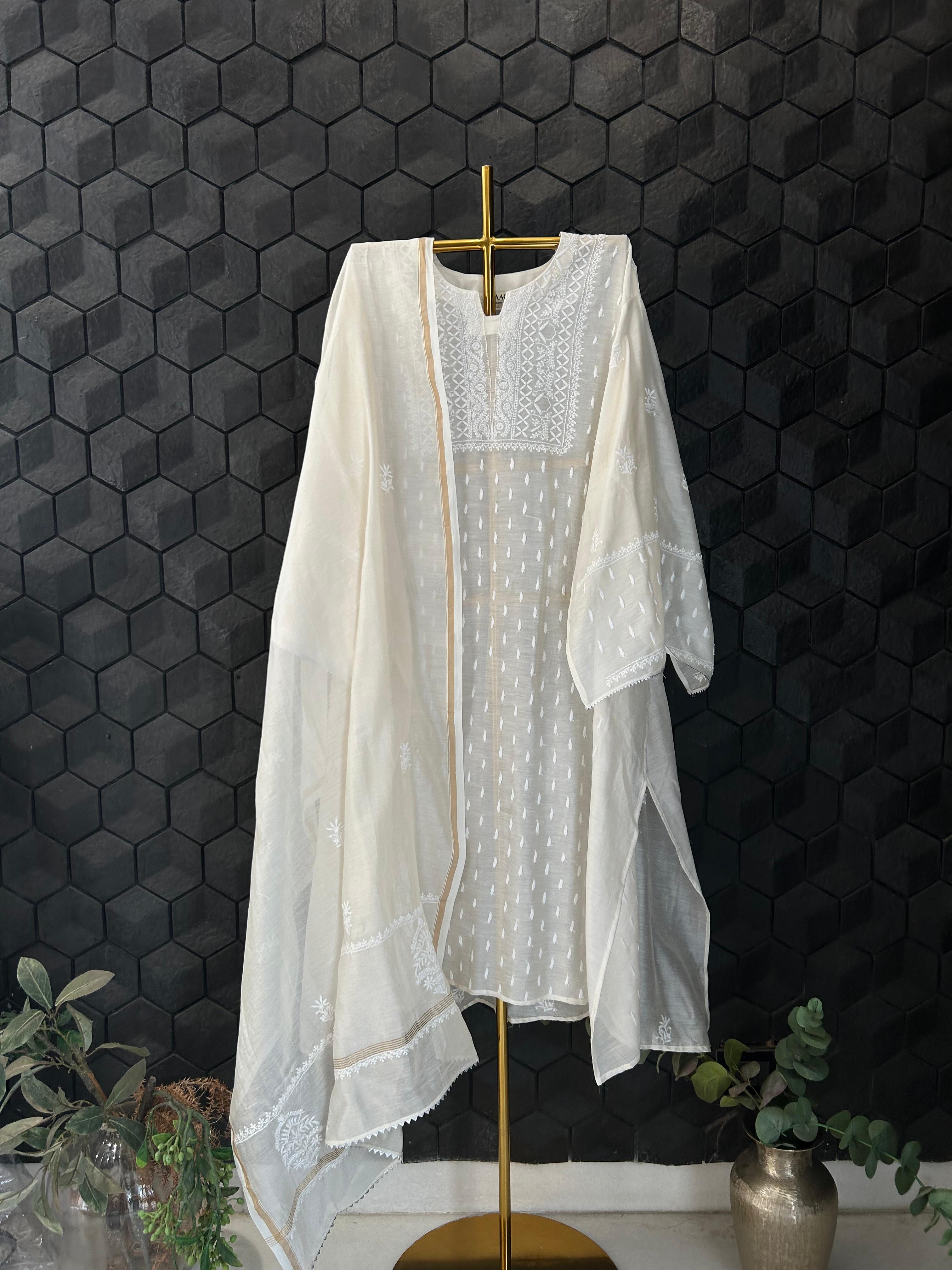 White Mul Chanderi Chikankari Kurta Set