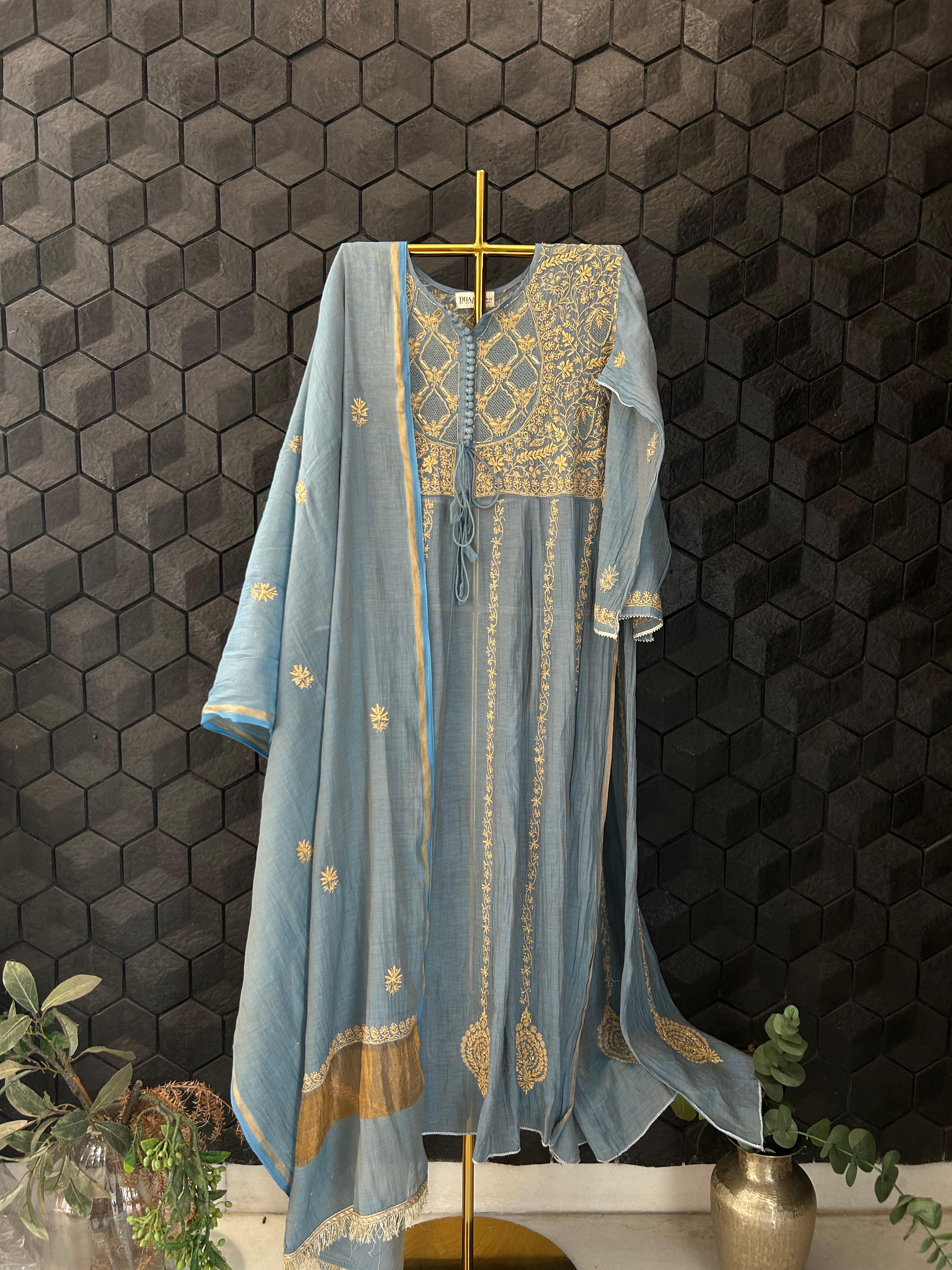 Blue Golden Tissue Chikankari Kurta Set