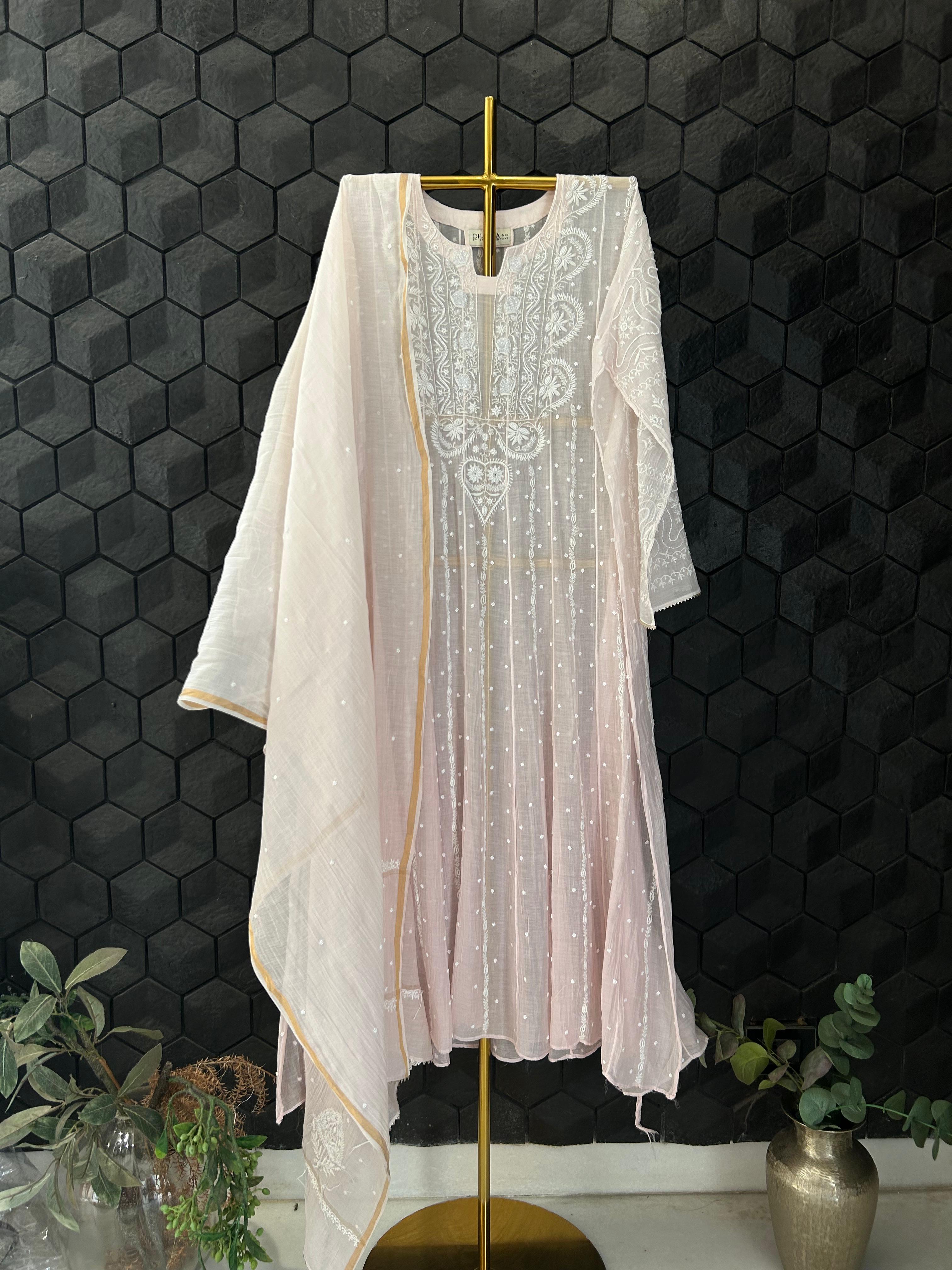 Pink Mul Chanderi Chikankari Anarkali Set
