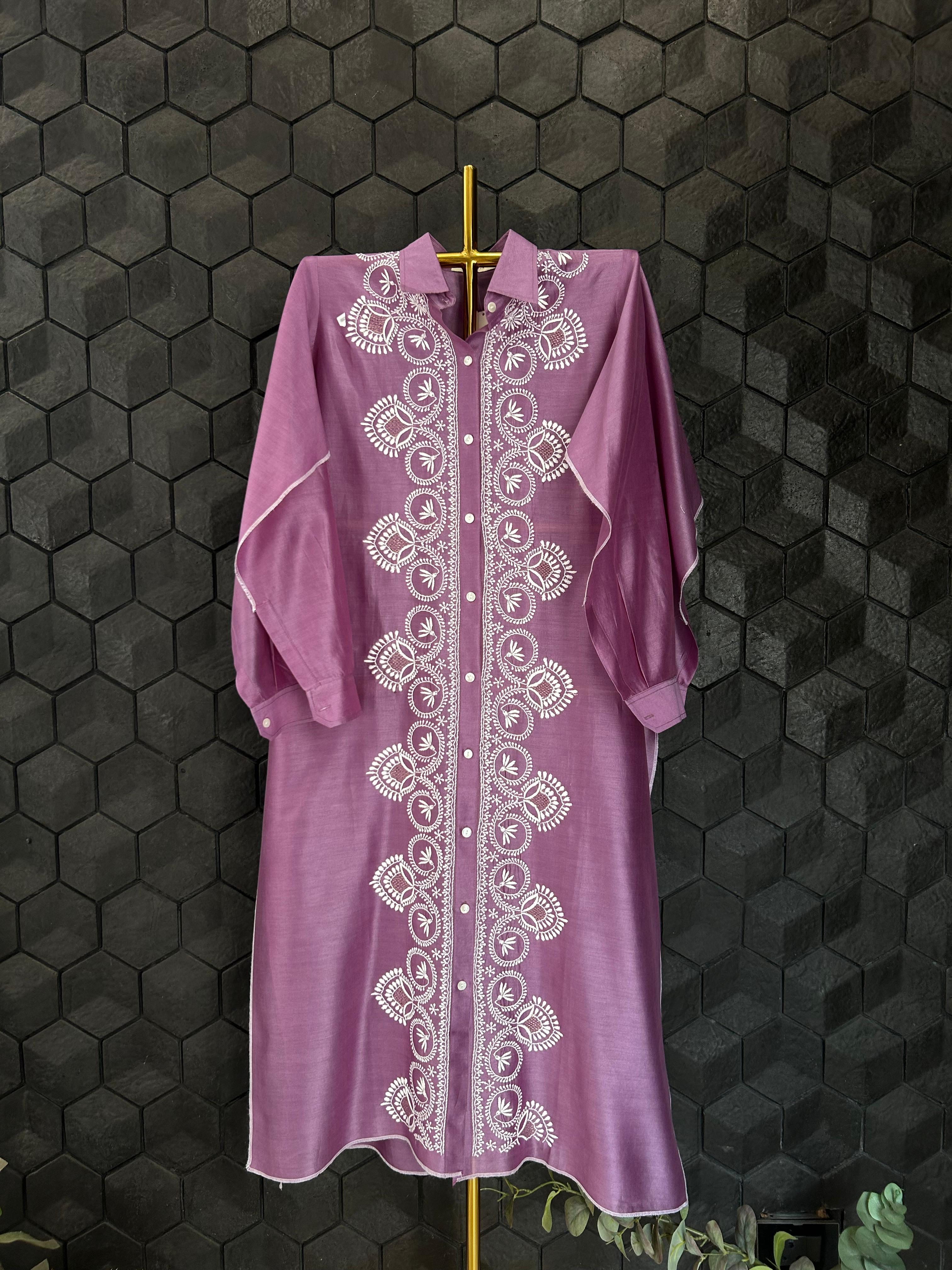 PURPLE CHANDERI CHIKANKARI SHIRT