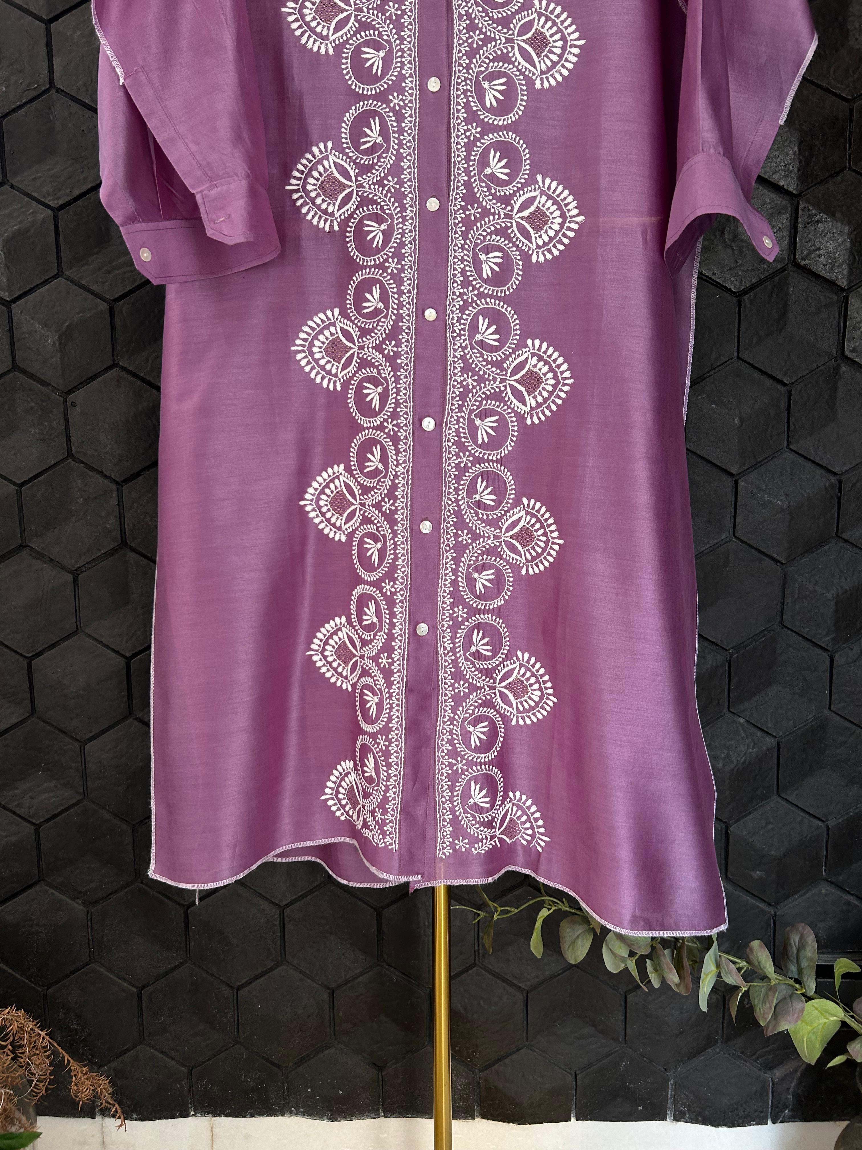 PURPLE CHANDERI CHIKANKARI SHIRT