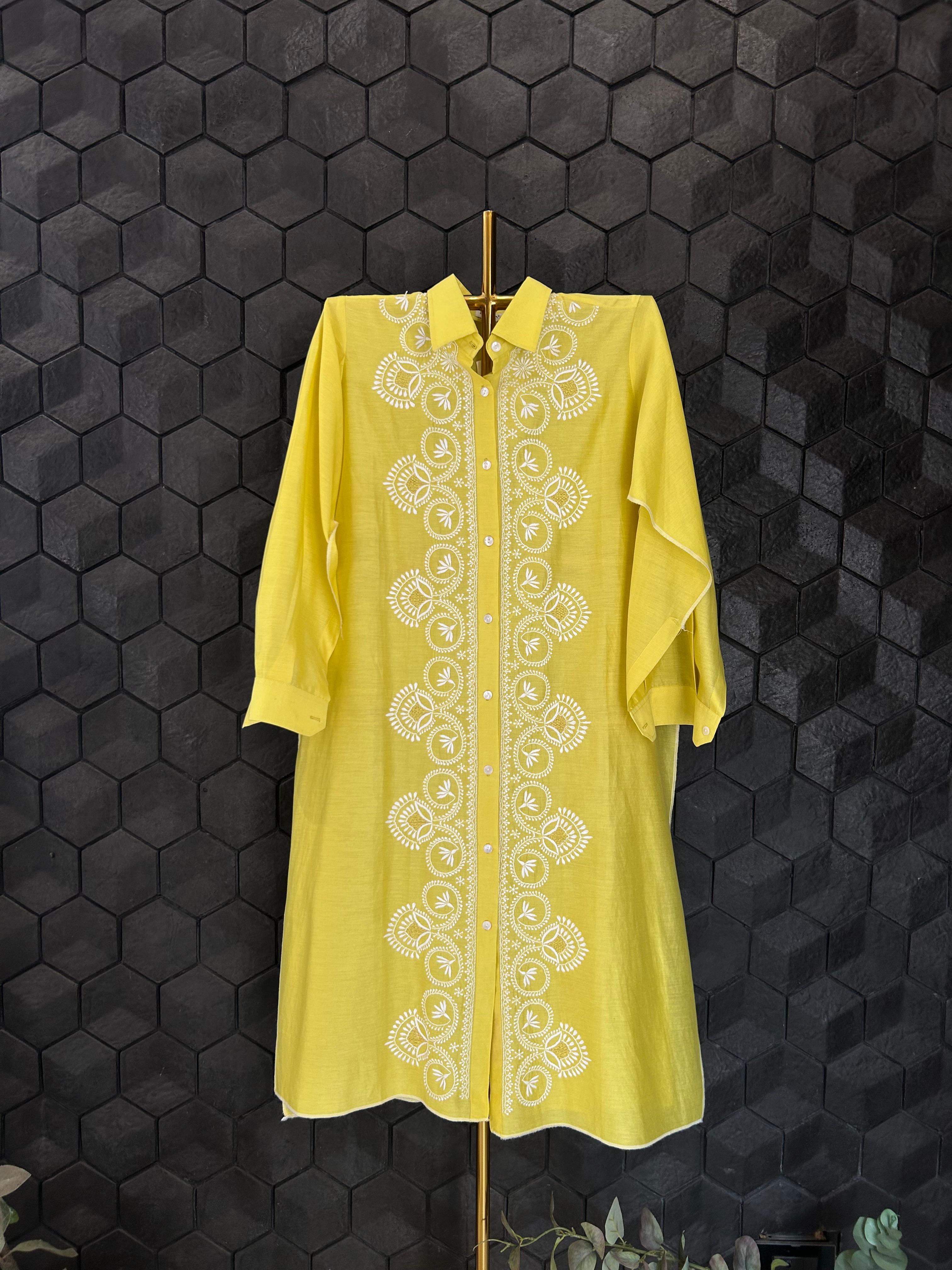 Yellow chanderi chikankari shirt