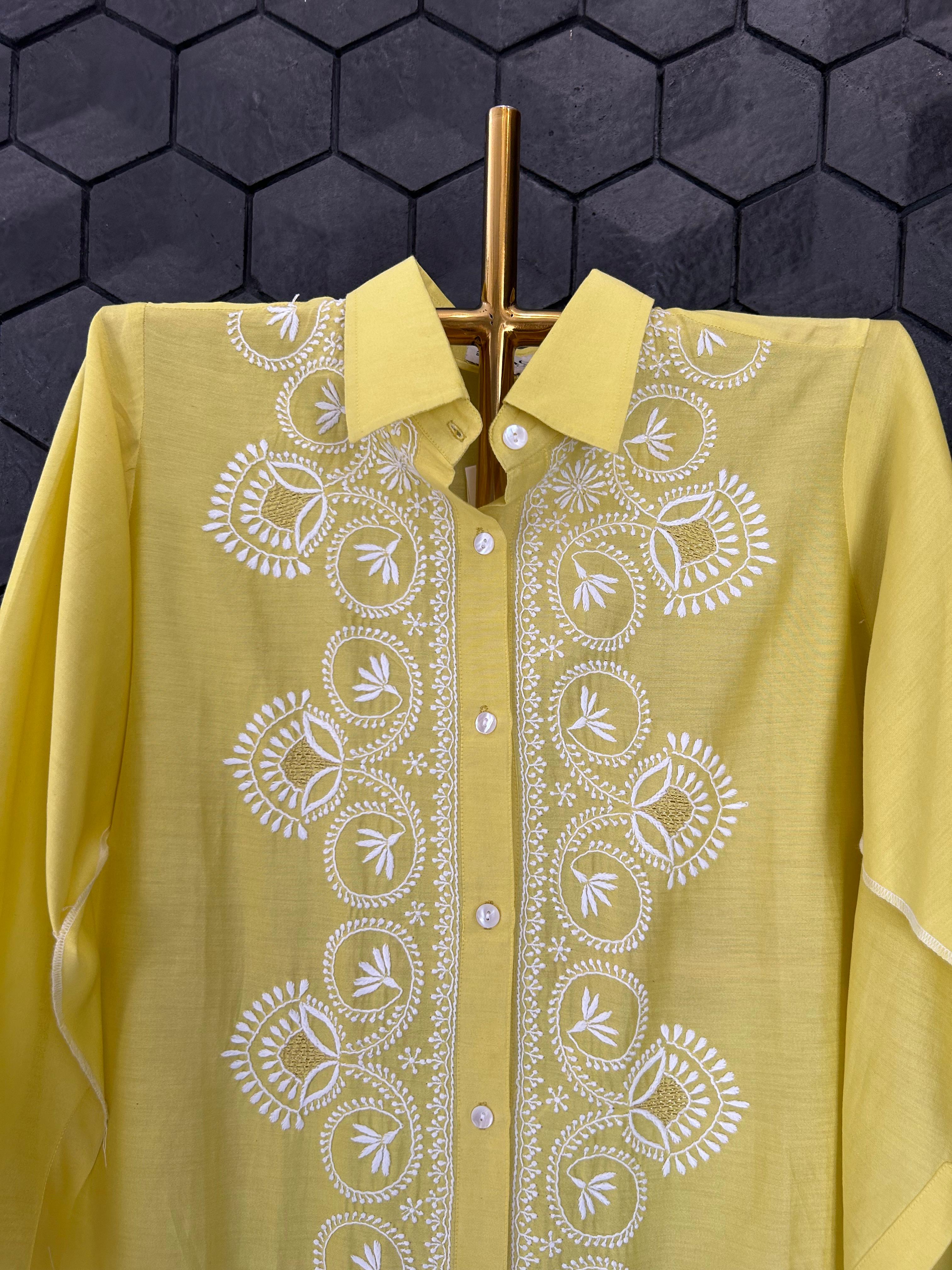 Yellow chanderi chikankari shirt