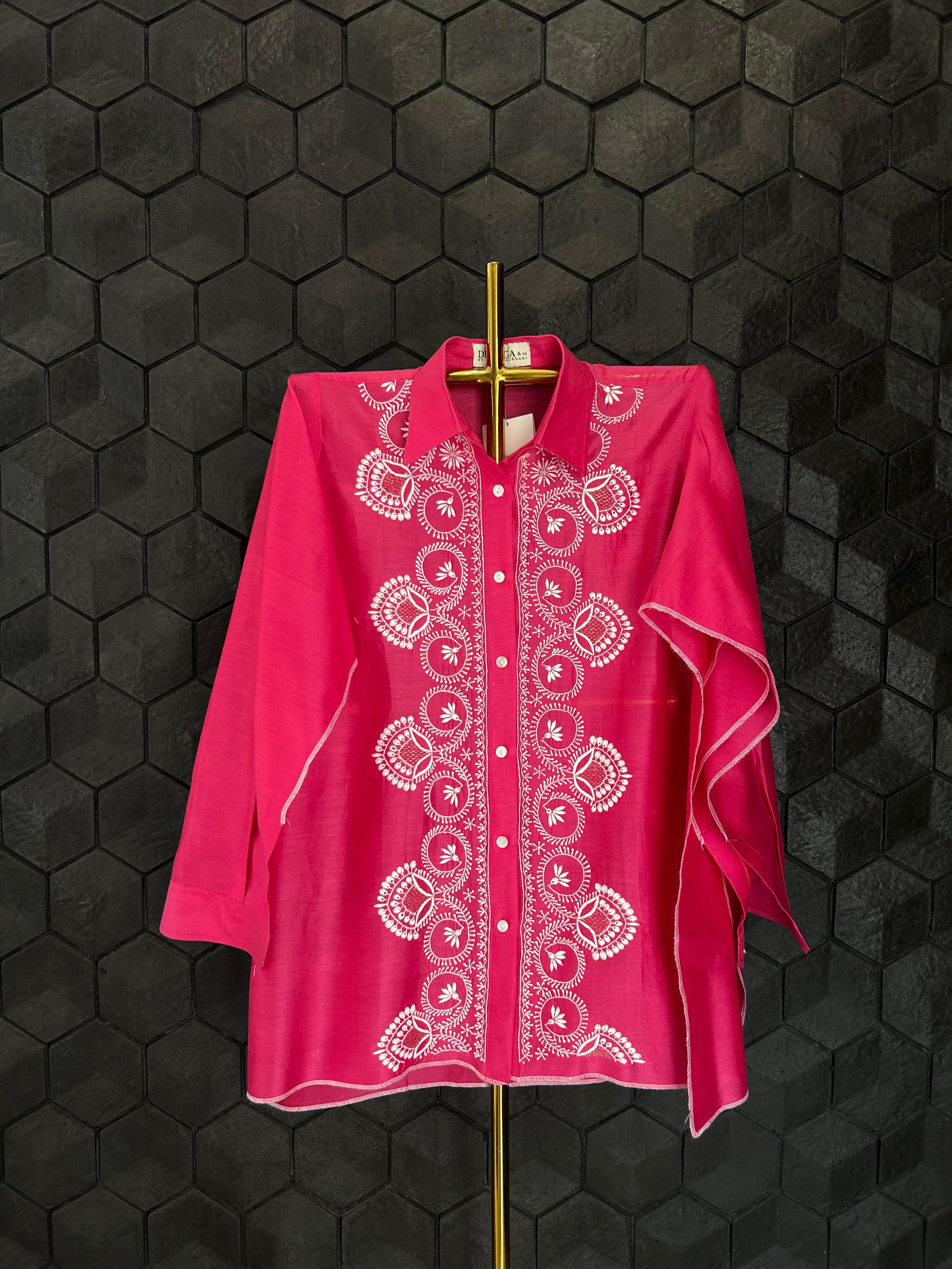 Fuschia pink chanderi chikanakri shirt