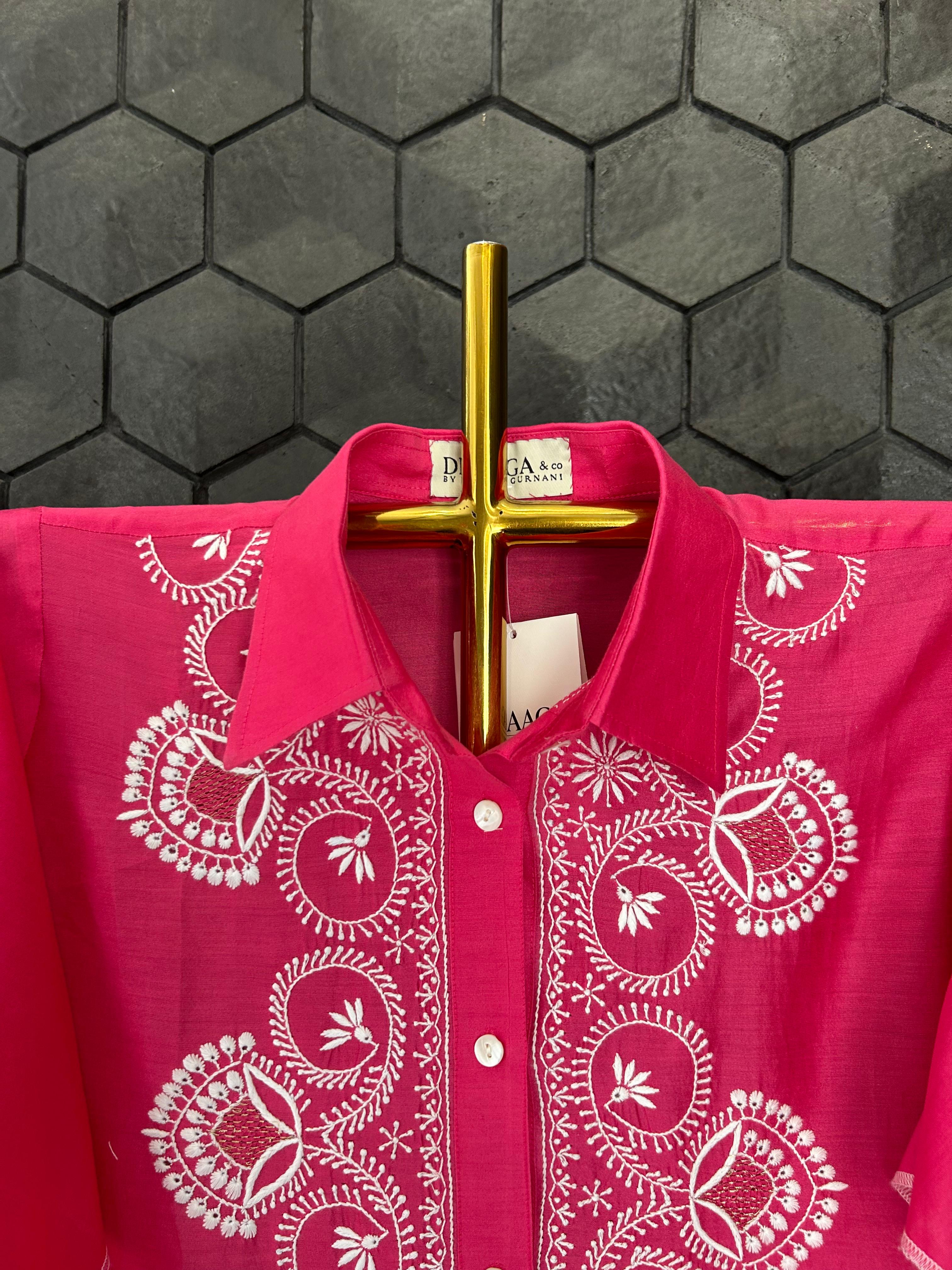 Fuschia pink chanderi chikanakri shirt